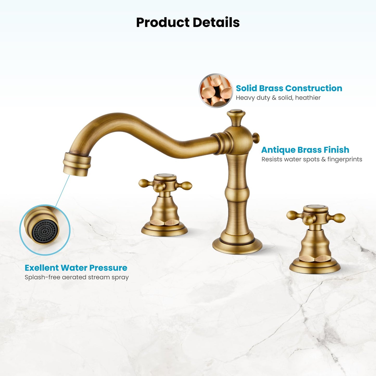 gotonovo 3 Hole Widespread Bathroom Sink Faucet Double Cross Handle Mixer Tap Faucet for Bathroom Sink Vanity Faucet Deck Mount Basin Hot Cold Water Matching Pop Up Drain Antique Brass