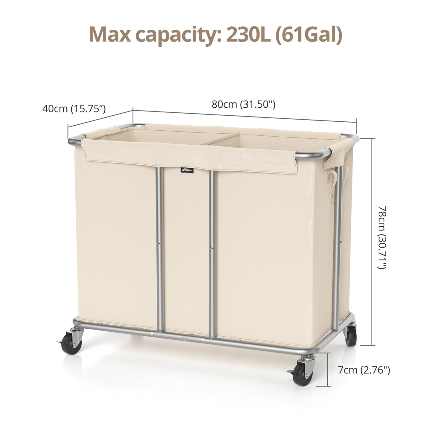Hodonas 230L Rolling Laundry Hamper, 2-Section Laundry Basket with Wheels, 61 Gallons Laundry Sorter with Metal Structure and Removable Liner, Clothes Hamper for Laundry Room, Bathroom, Bedroom, Beige
