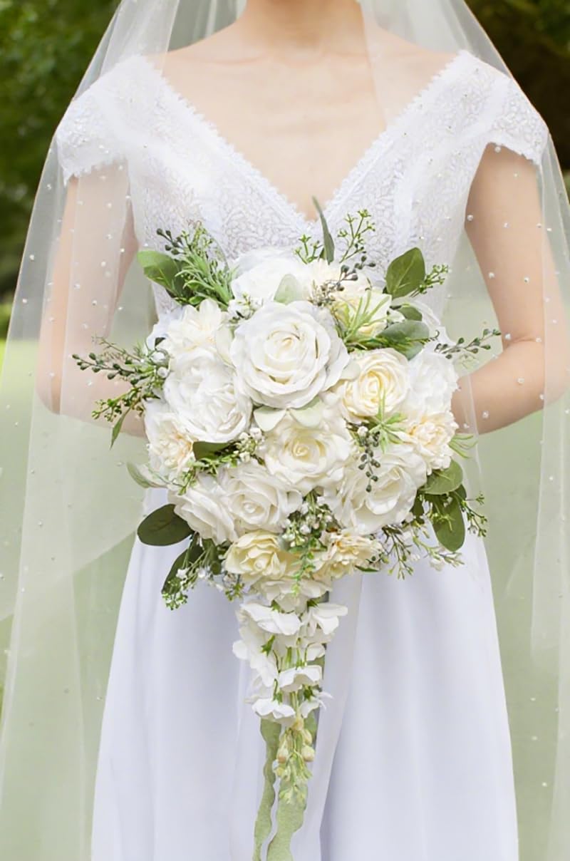 Floinla 12 Inch Cascade Wedding Bouquets for Bride, Ivory & Champagne Cascading Bridal Bouquet for Wedding Silk Artificial Flowers