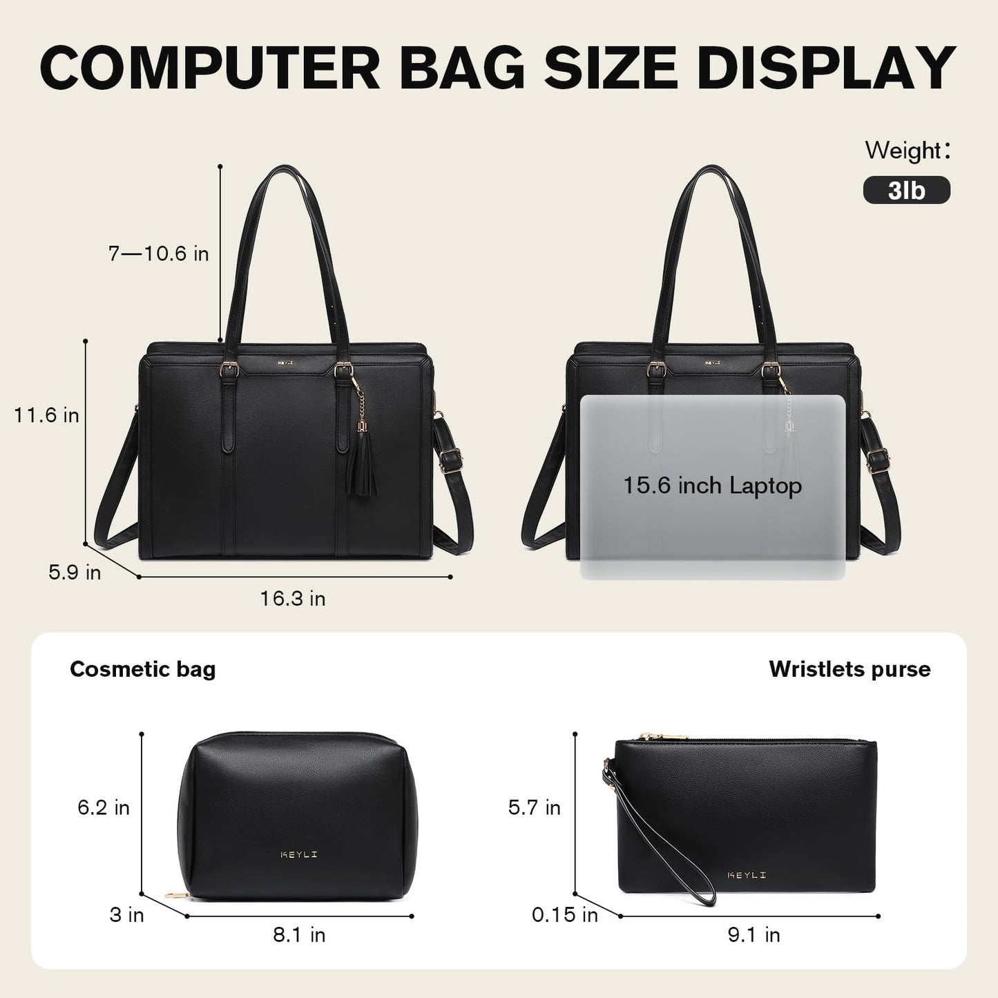 Keyli Laptop Bag for Women 15.6 inch Lightweight PU Leather Laptop Tote Bag, Large Capacity Work Briefcase Computer bag with Clutch Purse for Business, Work, Office, Travel, School Black 3PCS