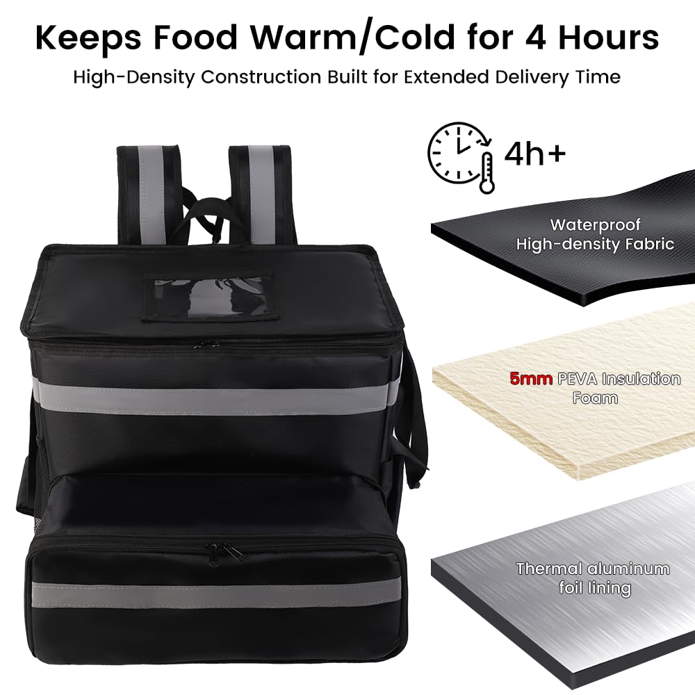 Food Delivery Bag,Large Insulated Backpack for Doordash/Uber Eeats, Expandable Cooler Bags for Bike/Motorcycle with Reflective Strip and Cup Holders,Reusable Pizza Food Delivery Bag with Hand Straps