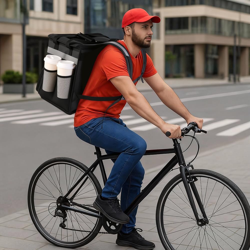 Food Delivery Bag,Large Insulated Backpack for Doordash/Uber Eeats, Expandable Cooler Bags for Bike/Motorcycle with Reflective Strip and Cup Holders,Reusable Pizza Food Delivery Bag with Hand Straps