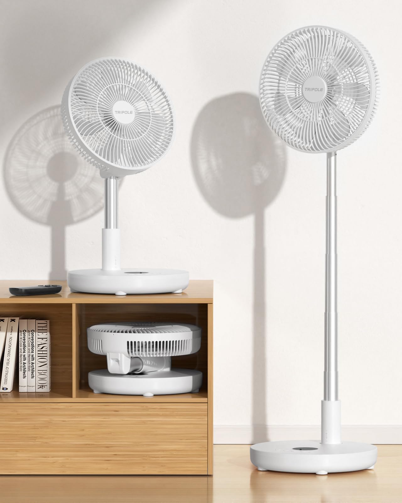 TriPole Oscillating Fan Portable Quiet Standing Fan with Remote, 12" Rechargeable Pedestal Fans for Bedroom Office, Foldable Battery Powered Travel Fans, Adjustable Height, 8H Timer, 6 Speeds, 44.4Wh