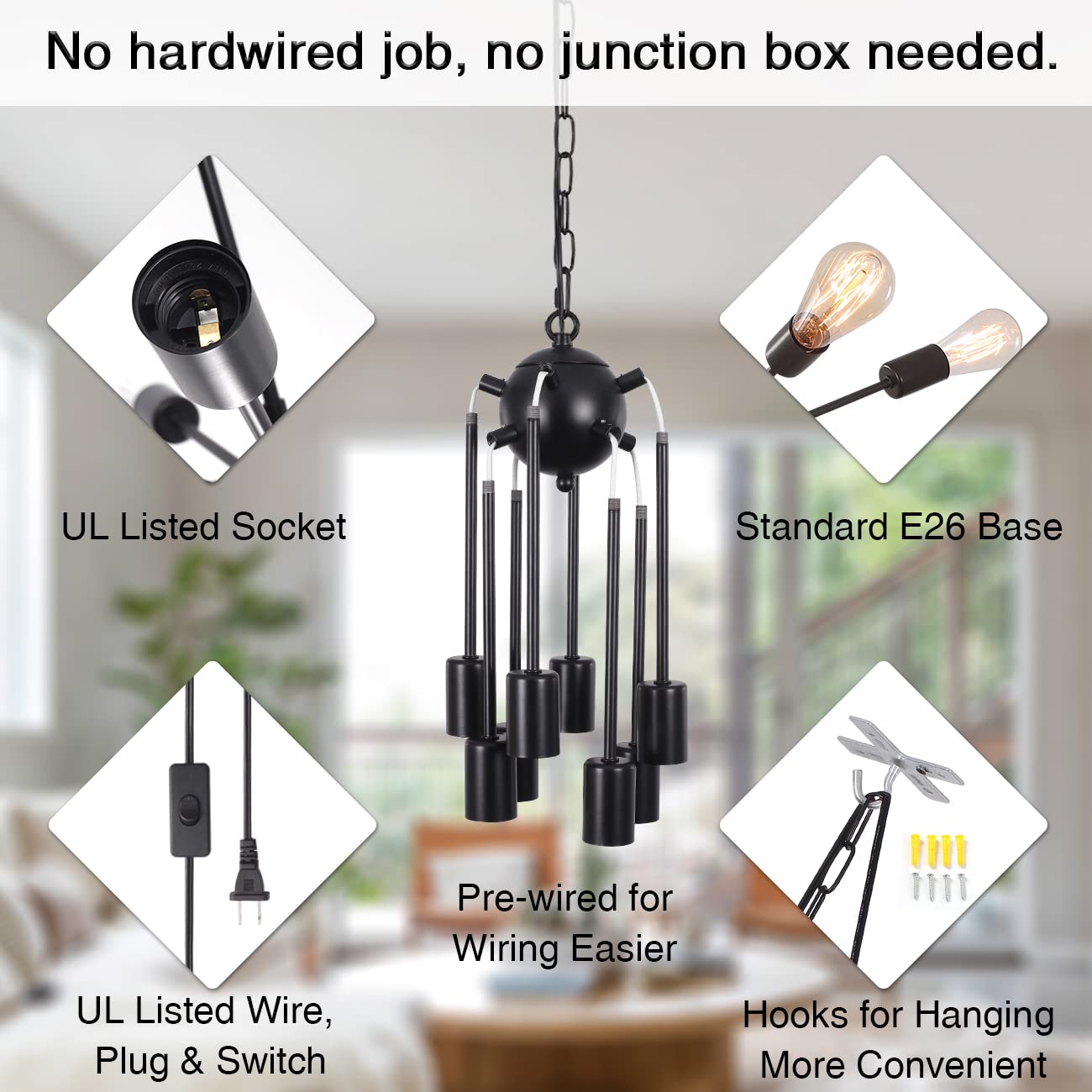 LASENCHOO 8 Lights Plug in Chandelier,Hanging Lights with Plug in Cord 16.4ft & On/Off Switch,Black Plug in Pendant Light,Modern Sputnik Chandeliers for Dining Room Living Room Bedroom Kitchen Island