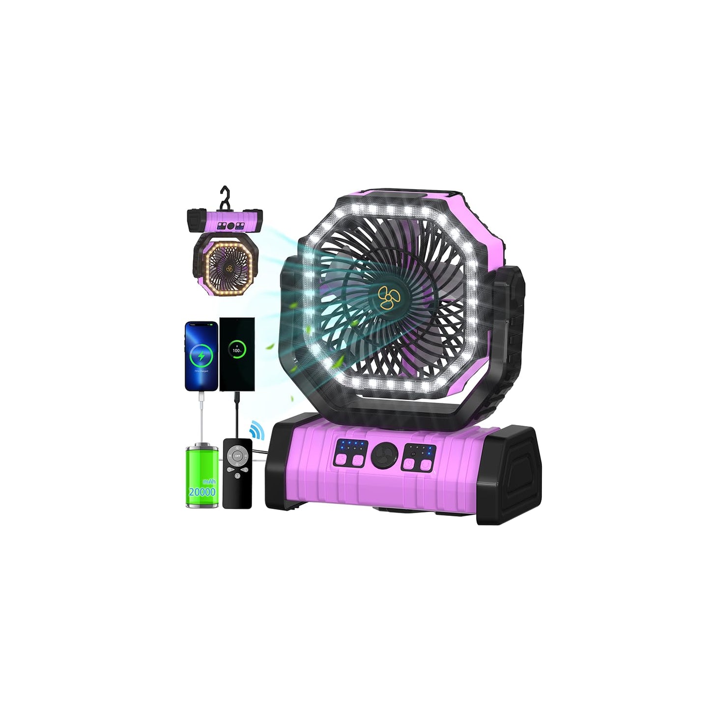 ADUST Camping Battery Operated Powered Fan with LED Lantern Light Portable 20000mAh Rechargeable Oscillating Fan with 360° Rotation Hanging Hook for Tents, Cordless USB Desk Fan(Pink)