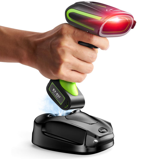 Eyoyo 2D QR Industrial Barcode Scanner with Wireless Charging Stand, Rugged Heavy Duty & IP65 Waterproof 3-in-1 Bluetooth & Wireless & USB Hands-Free Barcode Reader for Laptop Desktop Tablet Android