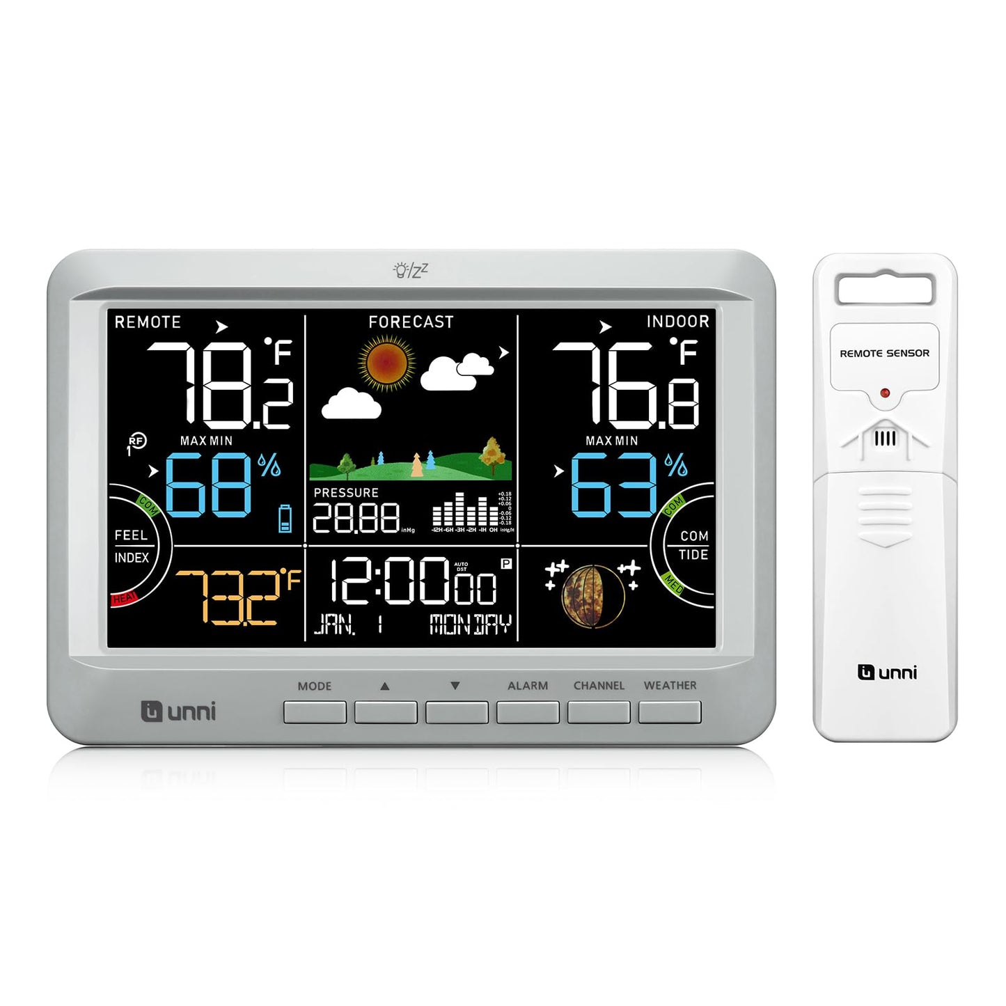 U UNNI Weather Station Wireless Indoor Outdoor Thermometer with Heat Dew Mold, Thermometer Inside Outside with Calendar and 3 Adjustable Backlight