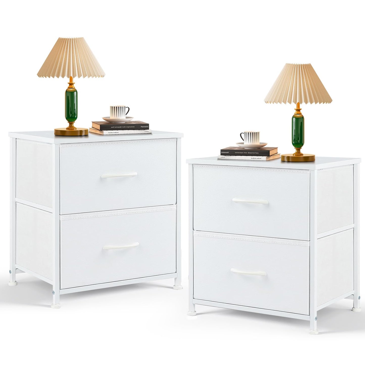 Nightstand Set of 2, Small 2 Drawer Dresser End Table Bedside Furniture, Wooden Top Fabric Bins for Bedroom, Closet, Entryway, Dorm, 11.8" D x 18" W x 20", White