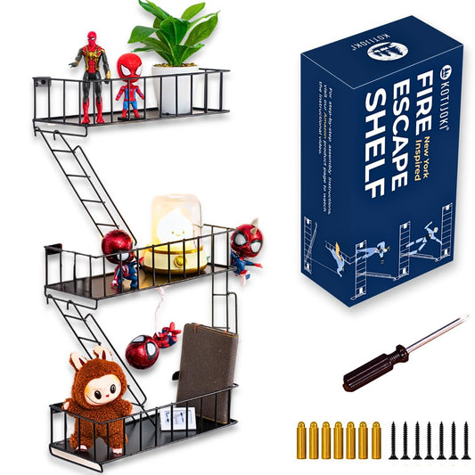 KOTIJOKI Fire Escape Wall Shelf - New York Metal Decorative Shelf with Screwdriver & Screws, Rustic Wall Shelves for Bedroom, Home Décor, Action Figure Display (3-Tier Black Floating Shelves)