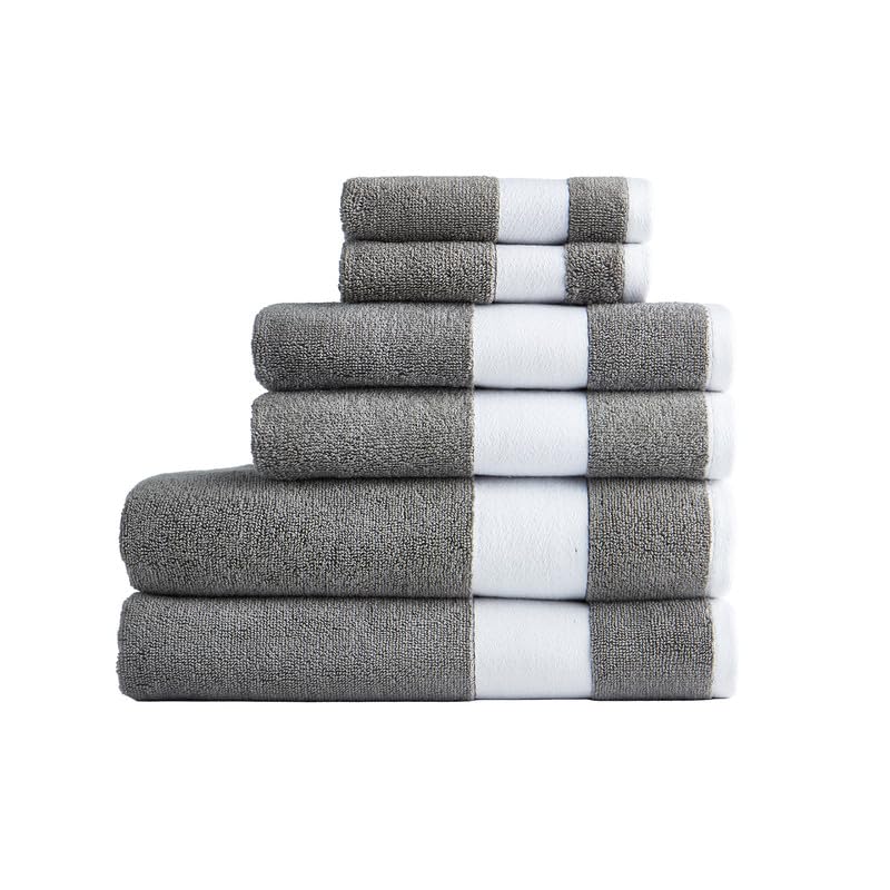 Lacoste Sport Stripe 6-Piece Luxury Cotton Towel Set – Made with 100% Soft Supima Cotton, Absorbent & Quick-Drying, Includes 2 Bath Towels, 2 Hand Towels, 2 Washcloths, Meteorite