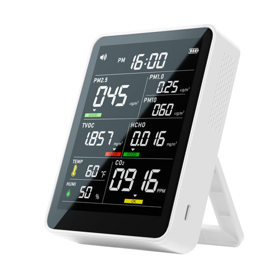 9-in-1 Professional Indoor Air Quality Monitor Indoor Portable PM2.5/PM10/CO2,Temperature, Formaldehyde Detector,Humidity TVOC,Time Display Air Quality Tester (Pearly White)