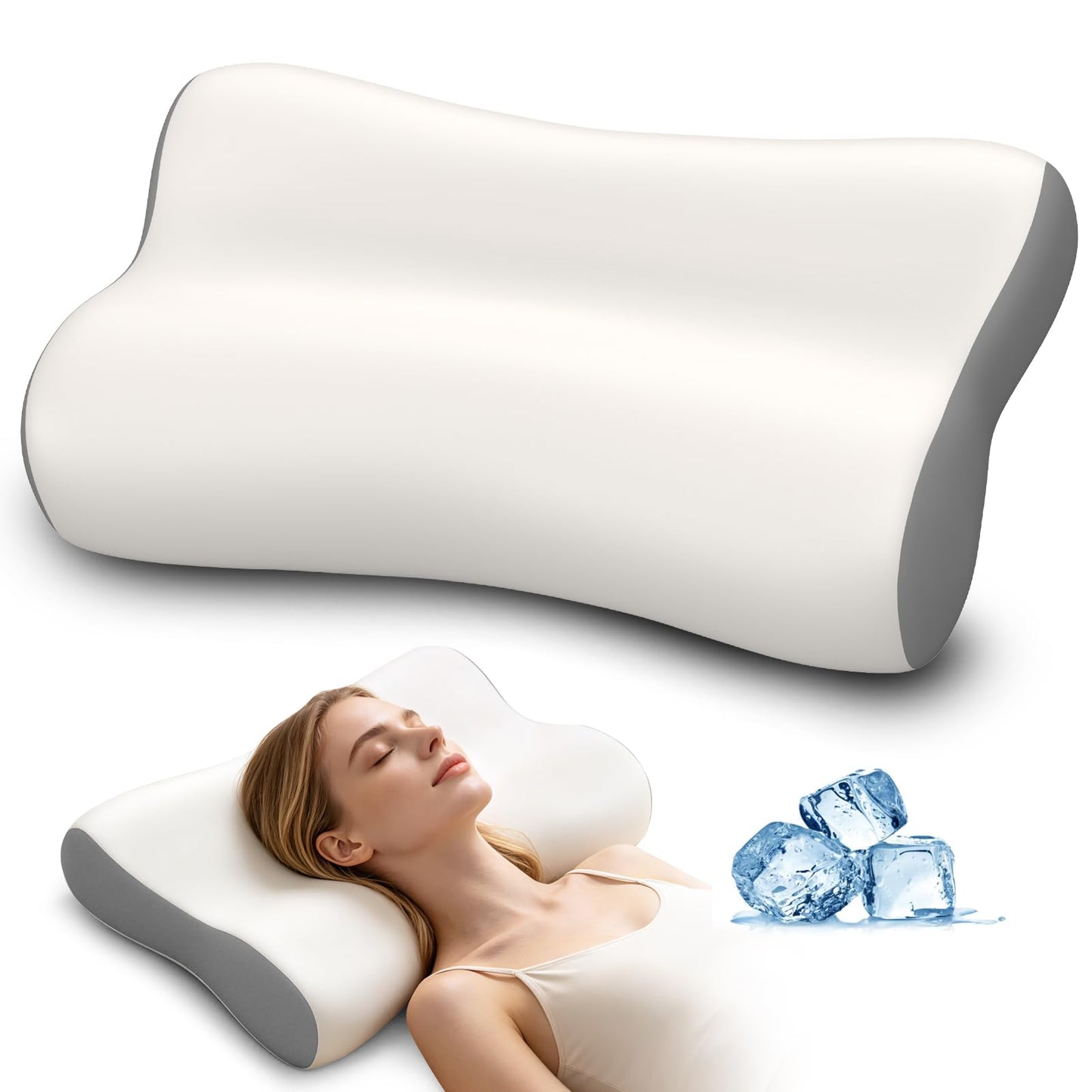 Polovo Cervical Neck Pillow - Ergonomic Side Sleeper Pillow for Pain Relief, Contour Memory Foam Pillows for Deep Sleep, Orthopedic Cooling Pillow Bed Pillow for Side Back Stomach Sleepers(White&Grey)