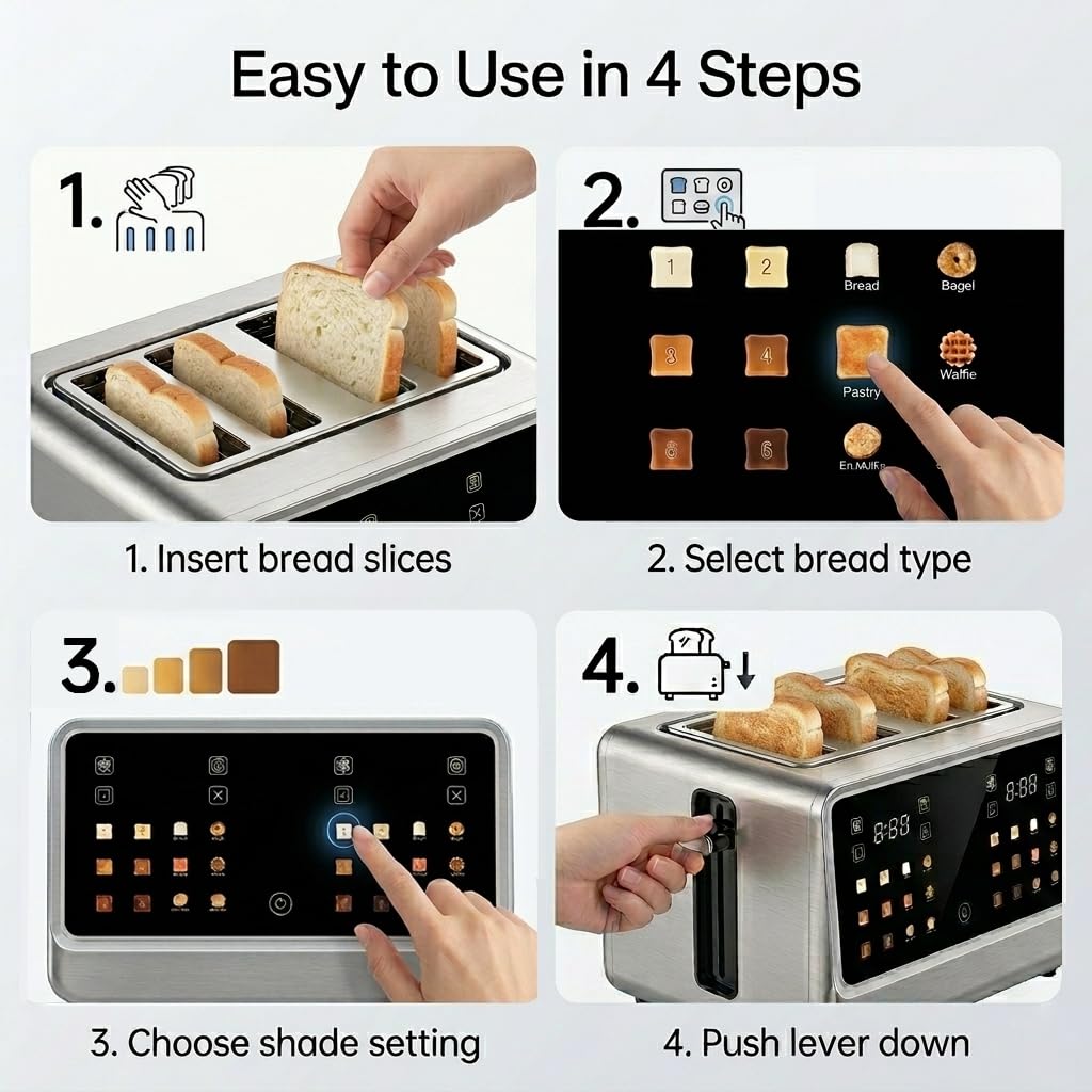 DEAR MORNING 4 Slice Touch Screen Toaster with LCD Display Stainless Steel Digital Toasters 6 Bread Types& 6 Shade Settings Smart Extra Wide Slots Toaster With Bagel Cancel Defrost Reheat Functions