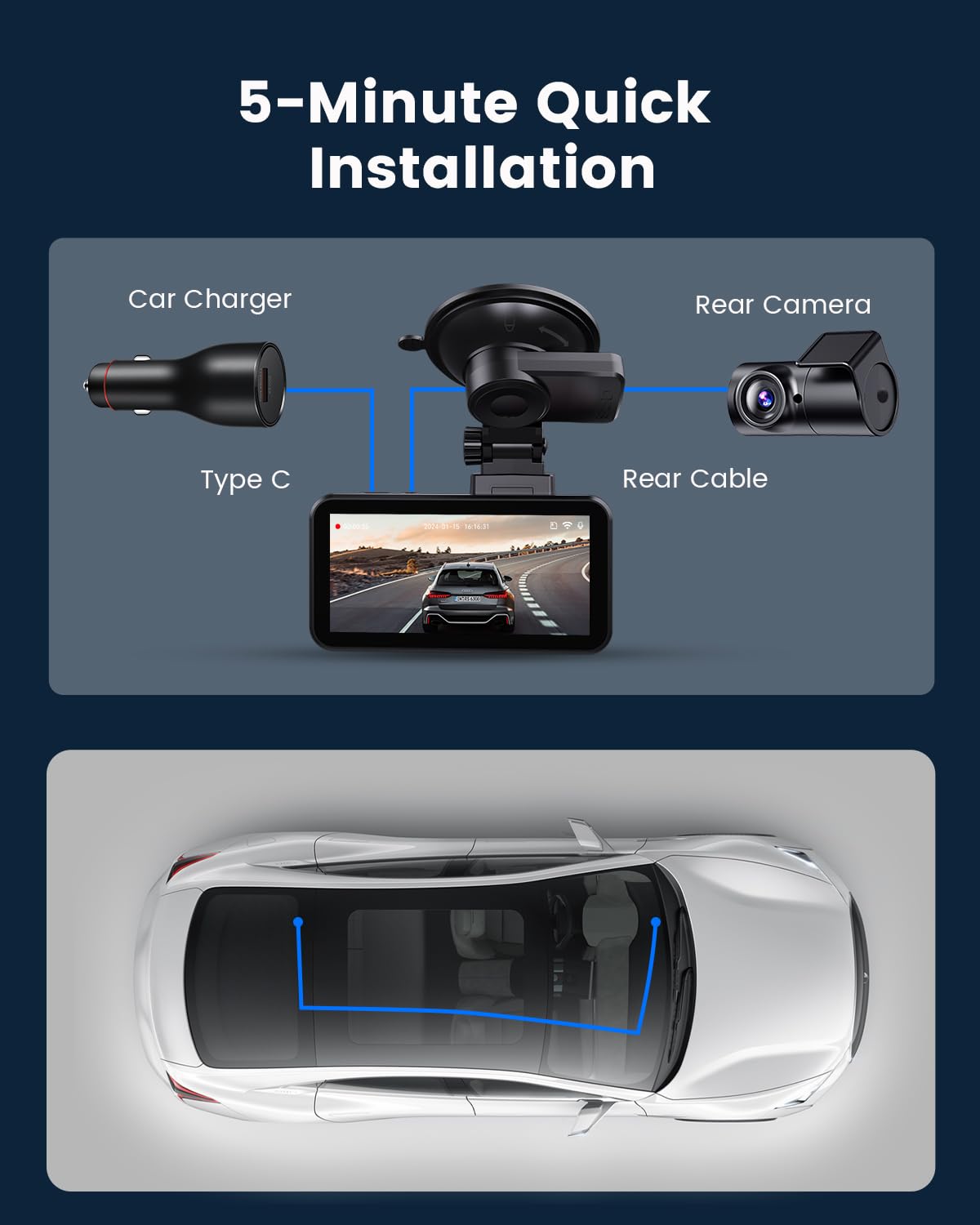 COOLCRAZY Dash Cam Front Rear: 4K+1080P Full HD Dashcam Free 64GB Card, with 5G WiFi GPS, Dual Dash Camera for Cars with 3" IPS Screen, Night Vision, HDR, App Control, 24H Parking Mode, Loop Record