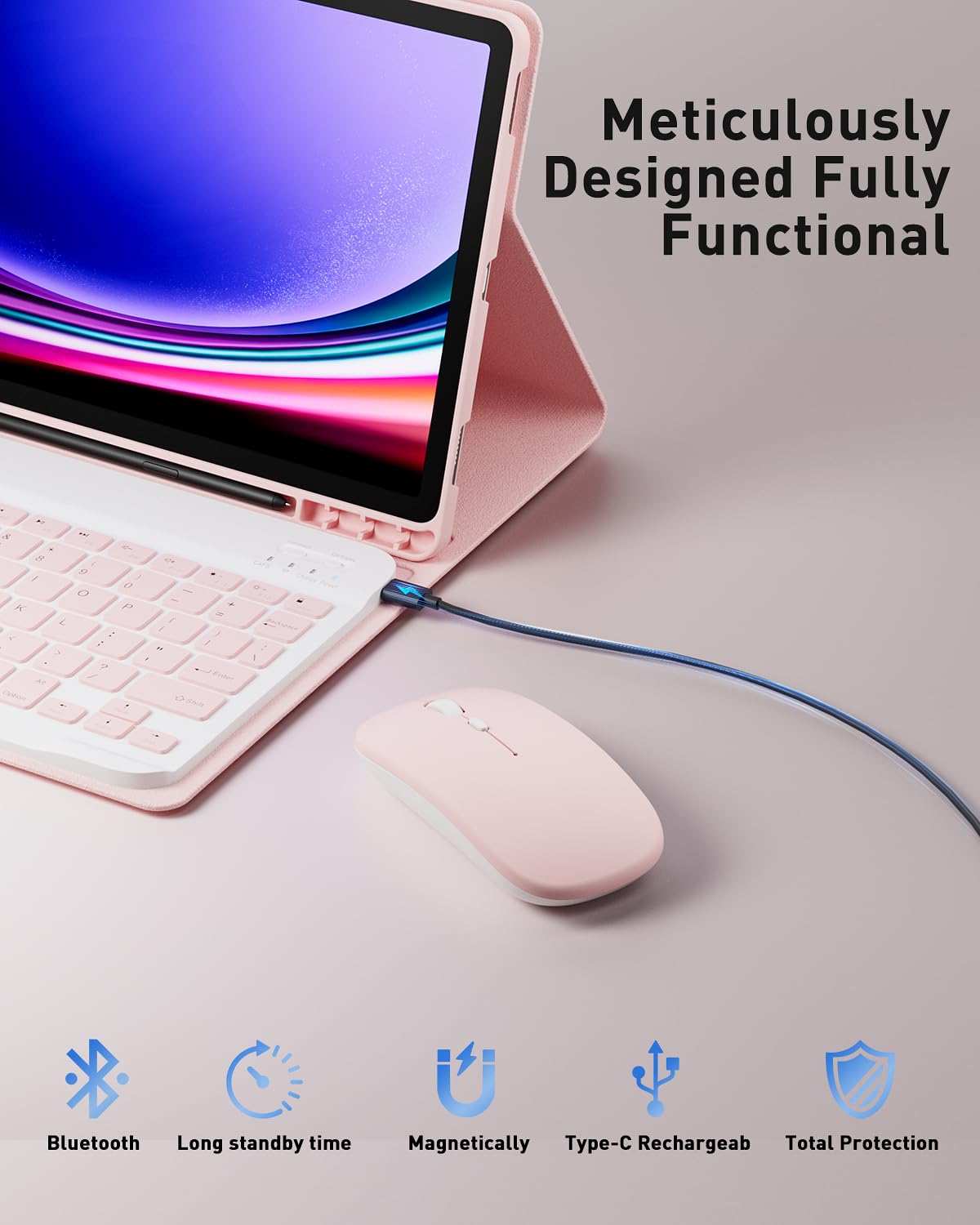 TUNKARMOR Keyboard Case for iPad Pro 13 (M4 2024) 13 inch - with Mouse and Detachable Keyboard, Slim Case with Pen Holder - Pink