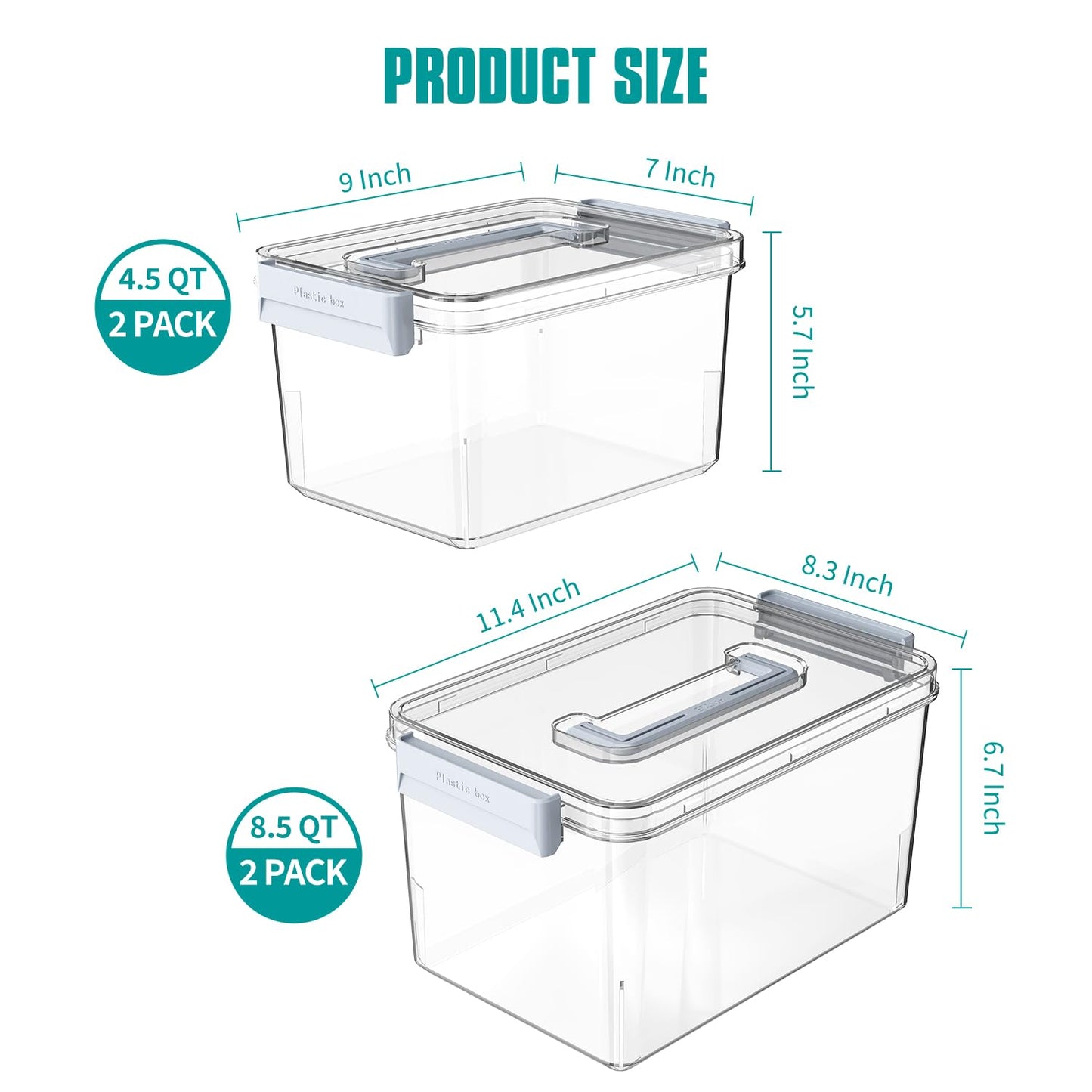 MAGDESIGNER Plastic Storage Bins with Lids Stackable organization and Storage Containers for Organizing Snacks, Crafts, Tools Clear Storage Box with Latching handle(Clear, 2PCS-4.5QT 2PCS-8.5QT)
