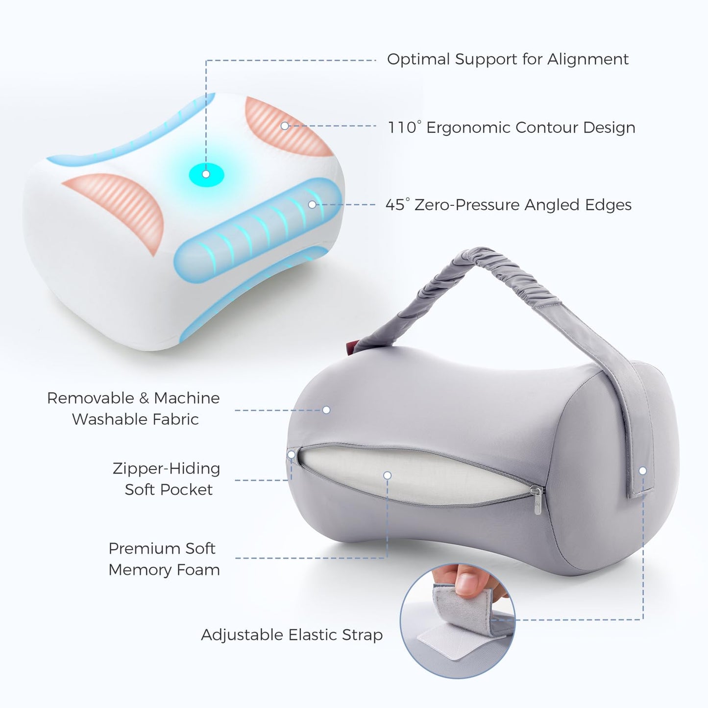 Momcozy Knee Pillow for Side Sleepers, Soft Memory Foam & Pinch-Free Design, Relieve Knee, Leg and Sciatica Pain, Adjustable Elastic Strap Ideal for Pregnant Women and Seniors, Cooling Cover, Gray
