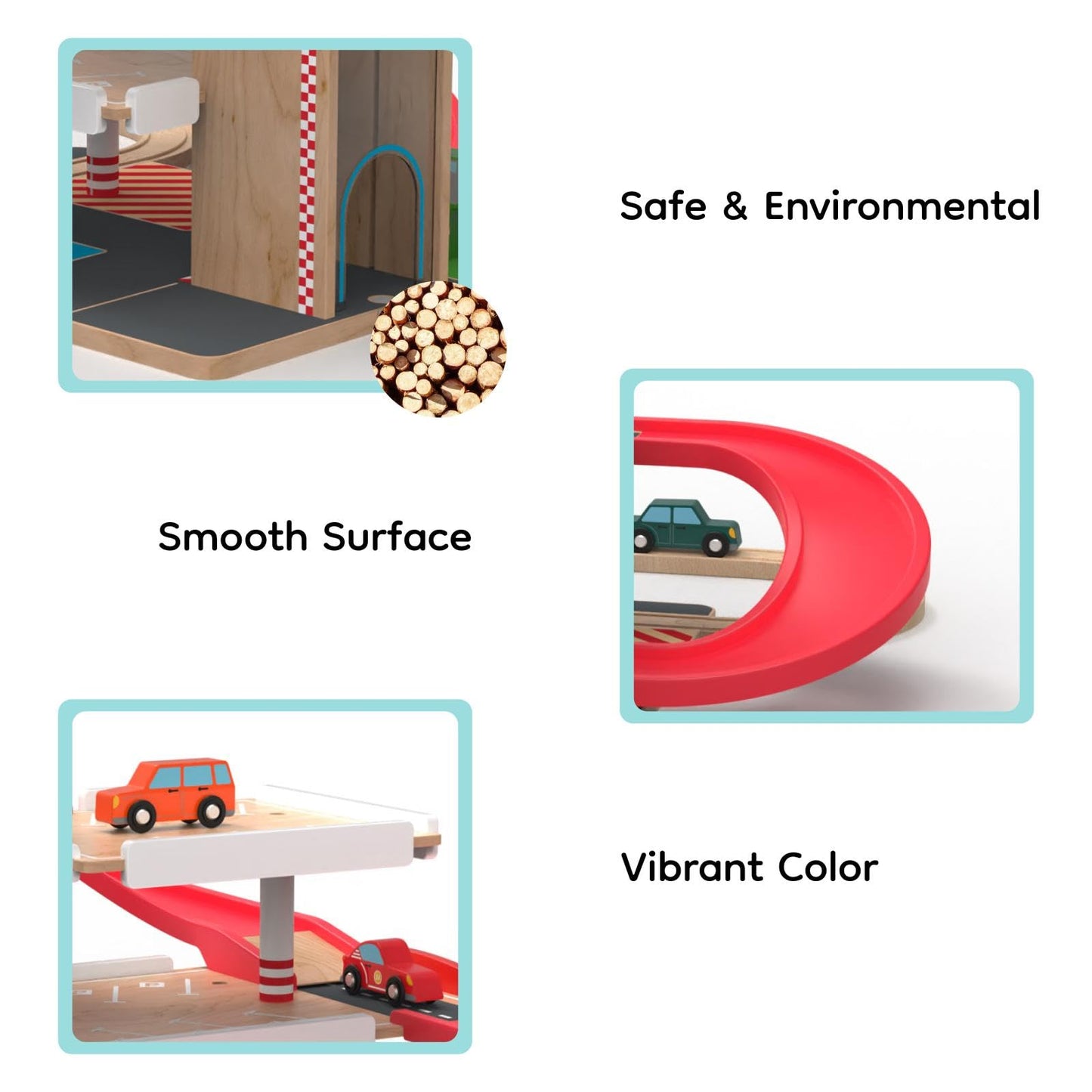Letoiz Toy Car Garage with Rails, Wooden Parking Garage Toy Playset w/Elevator, Toddler Race Car Ramp Track Toy Set with 4 Mini Cars for Old Boys and Girls Kids Ages 3+ Birthday Gift Christmas