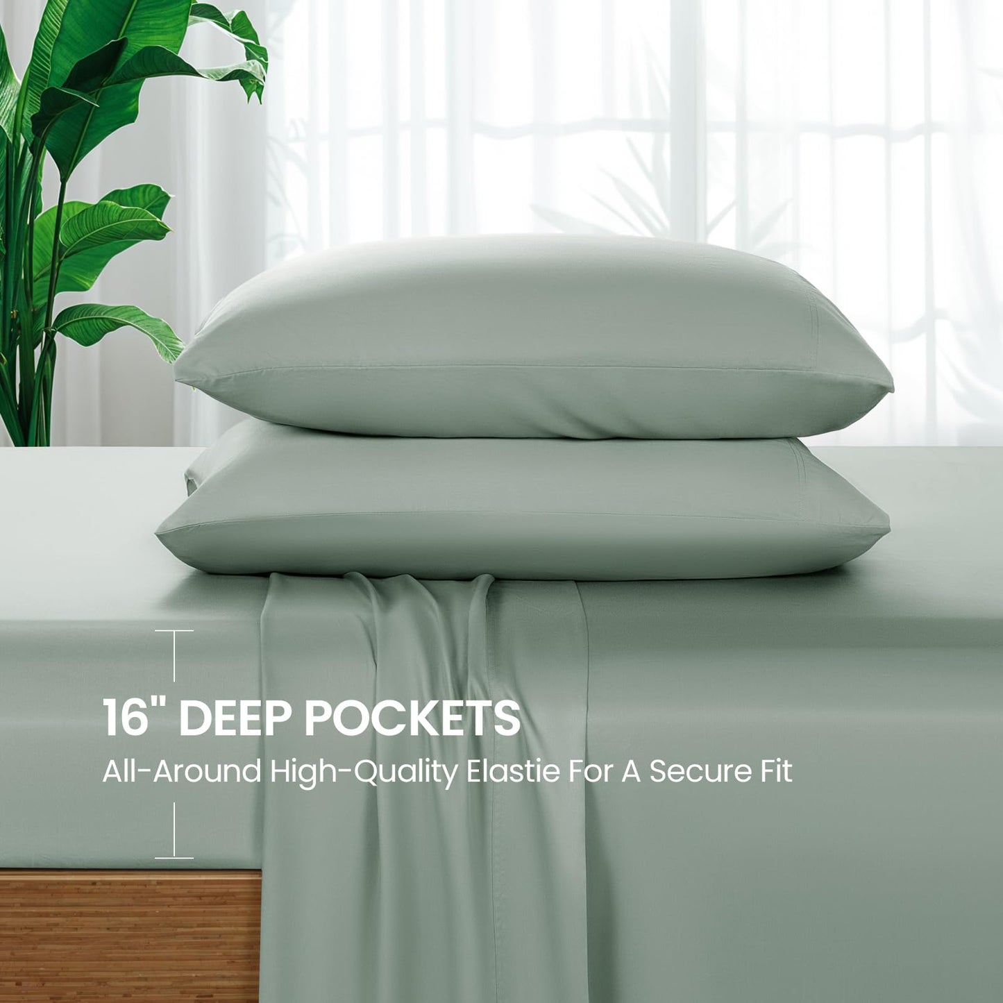 SONORO KATE 100% Viscose Derived from Bamboo_Sheets Queen Size, Ultra Breathable & Cooling Bed Sheets for Hot Sleepers, Hotel Luxury Silky Bedding Sheets, 16" Deep Pocket - 4PC (Sea Glass,Queen)