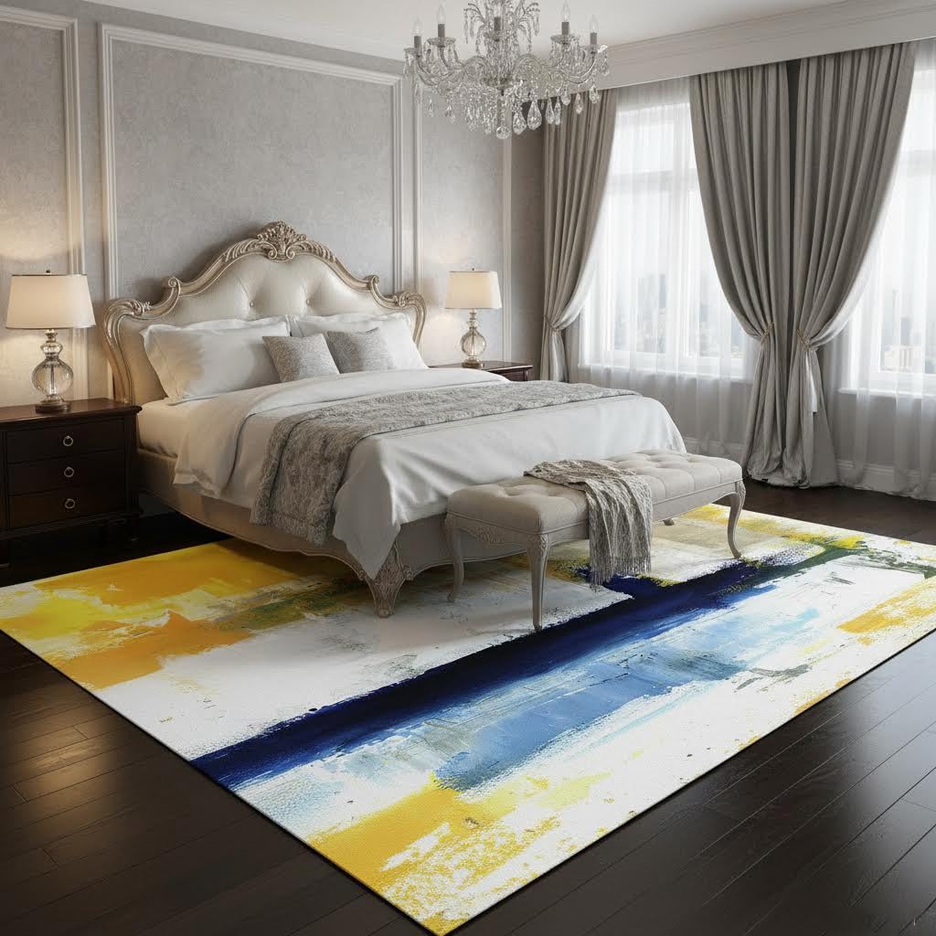 Mamatong Contemporary Modern Abstract Blue Yellow Vibrant Area Rug 5x7 Ultra Soft Wool Aesthetic Rug for Living Room Bedroom Dining Office Art Deco Floor Rug Kitchen Hallway Runner