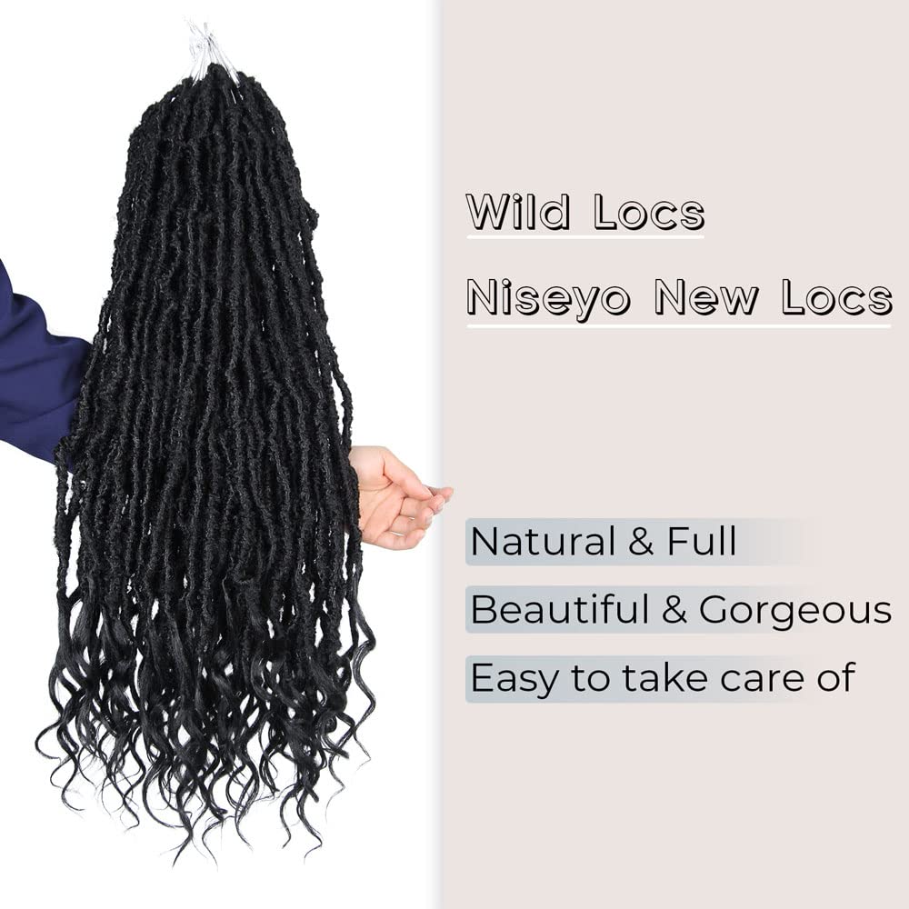 Niseyo Wild Locs 24 Inch Distressed New Faux Locs with Curly Ends 8 Packs Long Soft Pre-looped Goddess Locs Crochet Hair (1B, Natural Black)