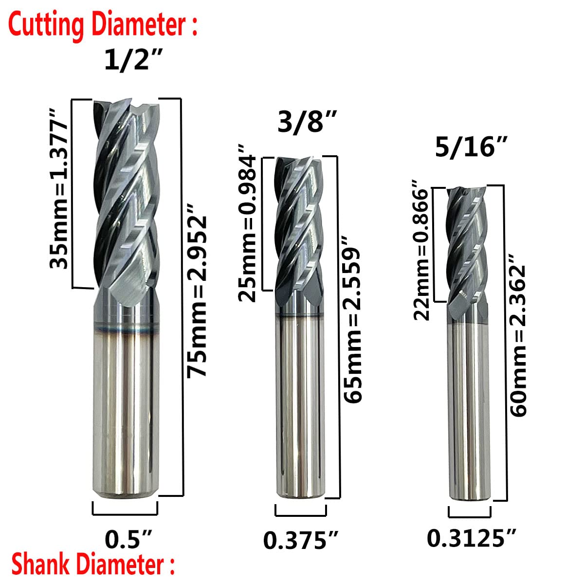 Home of quality tools 6pcs 1/2 inch 3/8 inch 5/16 inch 1/4 inch 3/16 inch 1/8 inch Carbide Square End Mill, HRC 45 Deg Single End 4 Flute AlTiN Coating Mill Bits (6pcs End Mill Set), Silver