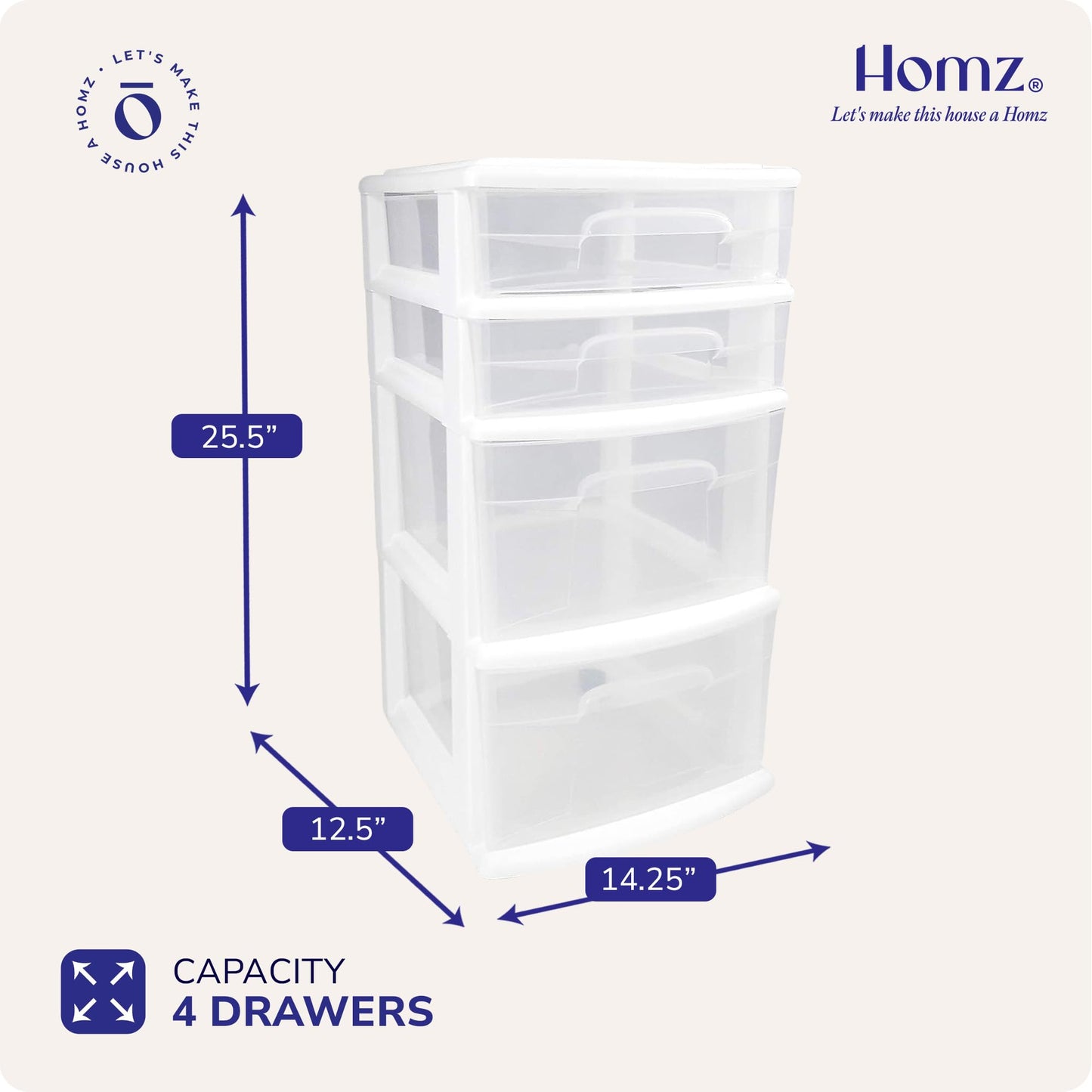 HOMZ Drawer Tower, 4-Tier Clear Plastic Storage Organizer Cart, White Frame - Rolling Drawers with Wheels for Desk, Dresser, Cabinet, Bedroom, Bathroom, Classroom, and Office Organization