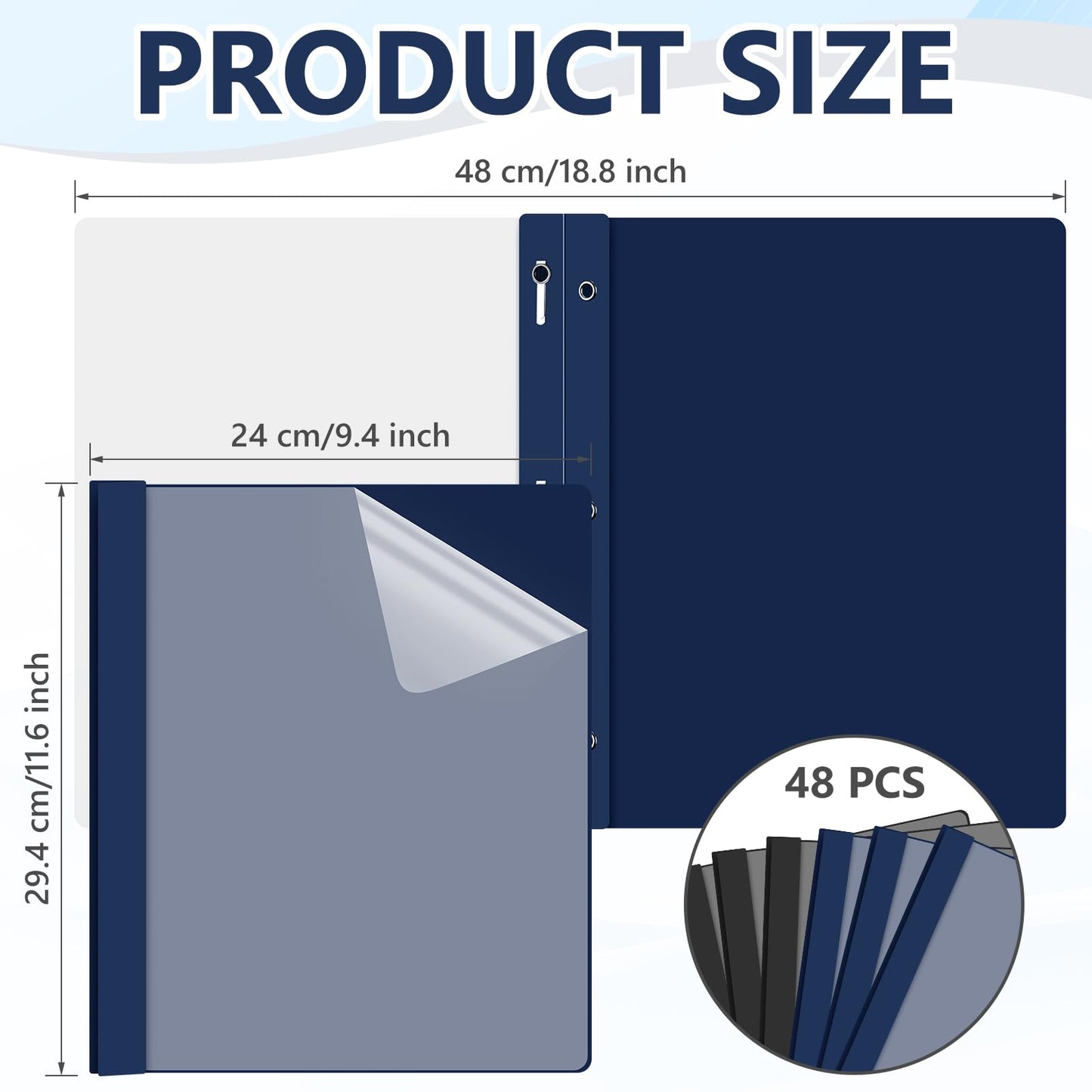 Feifeiya 48 Pack Plastic Report Covers with 3 Prongs Presentation Folders Bulk, 100 Sheet Capacity, Clear Front Report Covers for Presentation Document Paper School Office Supplies (Blue,Black)