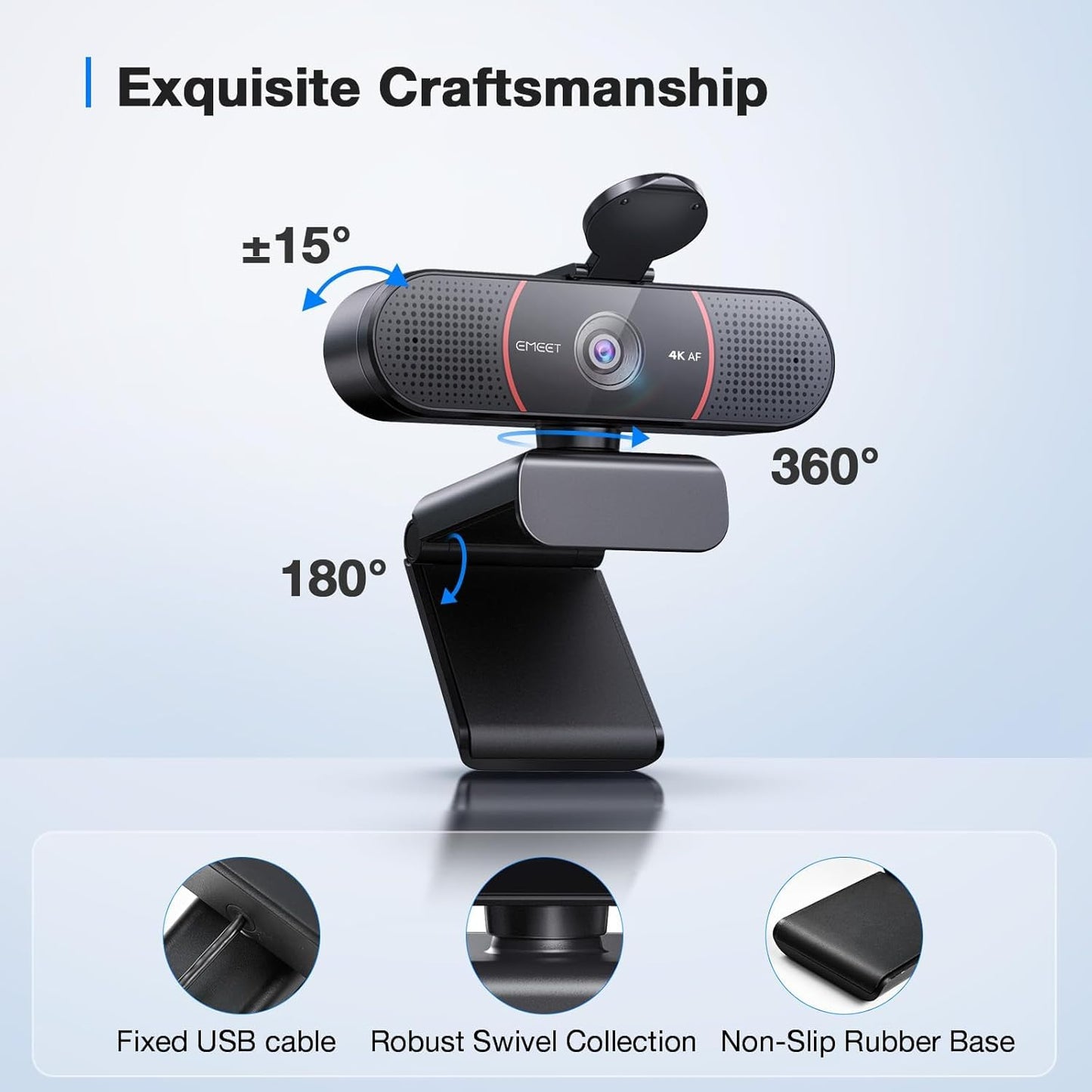 EMEET C960 4K Webcam with Tripod, 4K UHD Sony Sensor, 3 Adjustable Height Mini Tripod w/Privacy Cover, PDAF Auto Focus, Dual Noise-Cancelling Mics, Auto Light Correction, Perfect for Online Meetings