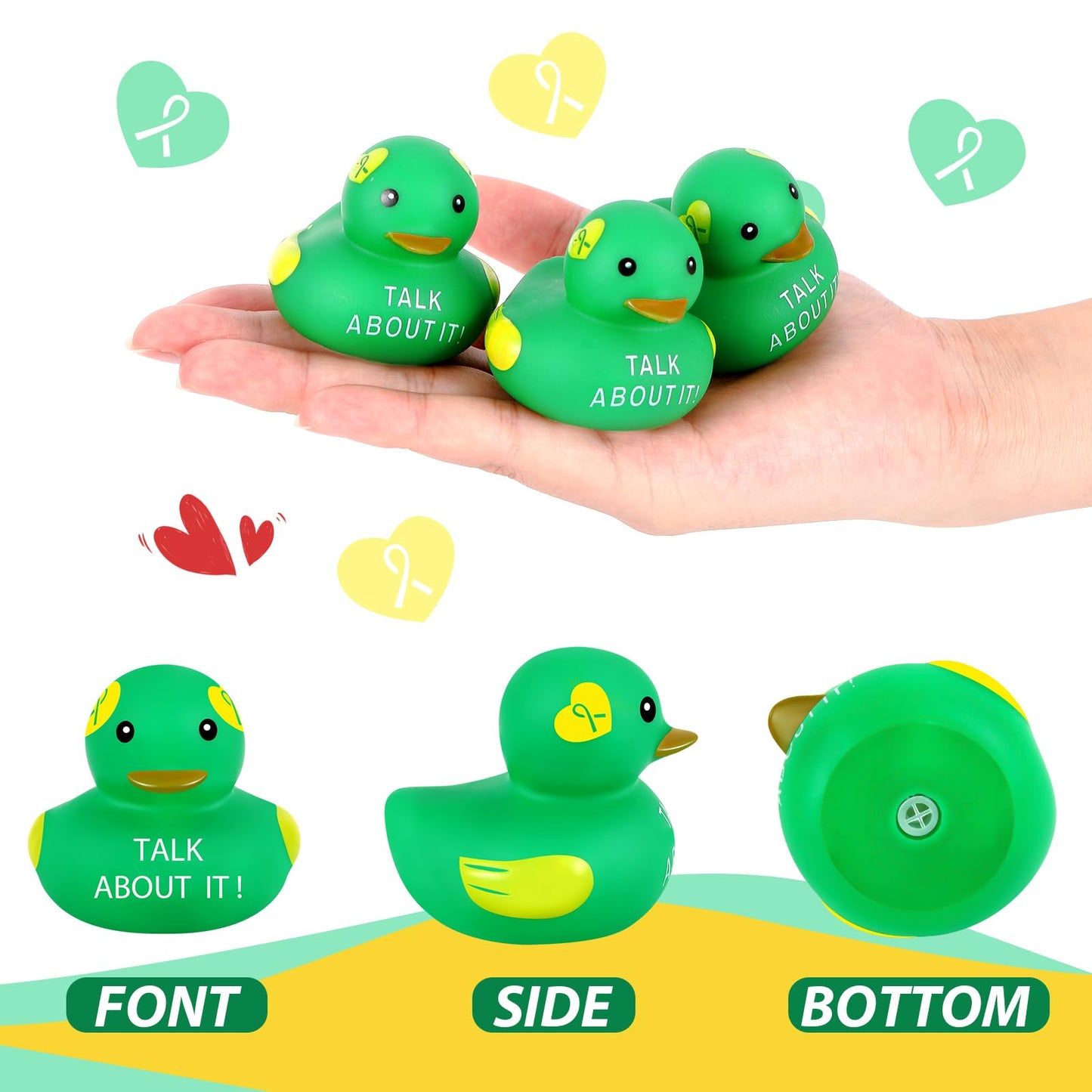 Deekin 60 Pcs Mental Health Rubber Duck Bulk Green Ribbon Mental Health Awareness Items Gifts for Self Care Adults Charity Office Therapist Favors