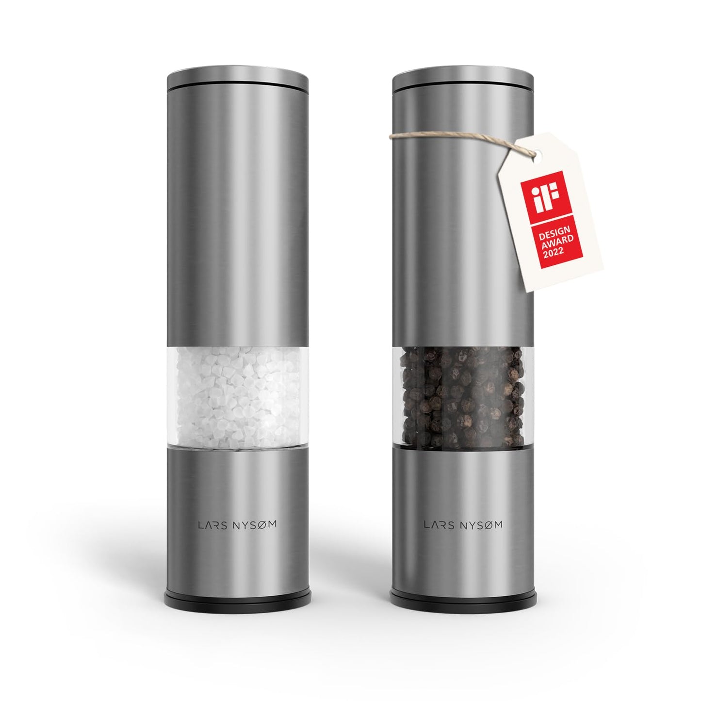 LARS NYSØM Salt and Pepper Grinder Set 2 pieces I Salt Pepper Mill with Adjustable Ceramic Grinder I Design Spice Grinder Set Manual (Stainless Steel)