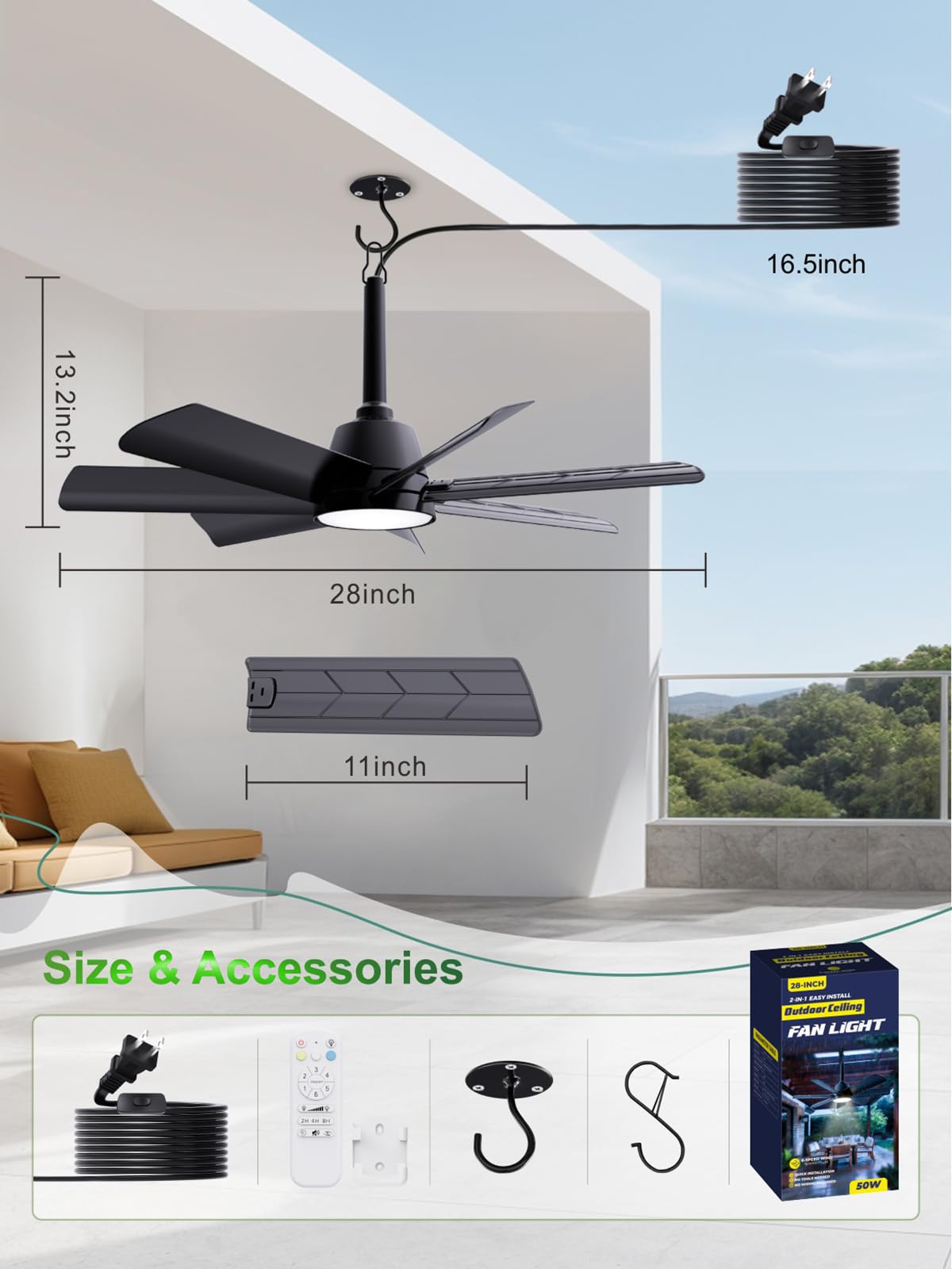 LANMEL 28 Inch Plug-In Outdoor Ceiling Fan with Light and Remote,IP65 Waterproof Hanging Fan Light with Hook,6 Speed,Reversible,3CCT,Dimmable,Portable Gazebo Fan for Patio,Canopy,Porch,Rv(Black)