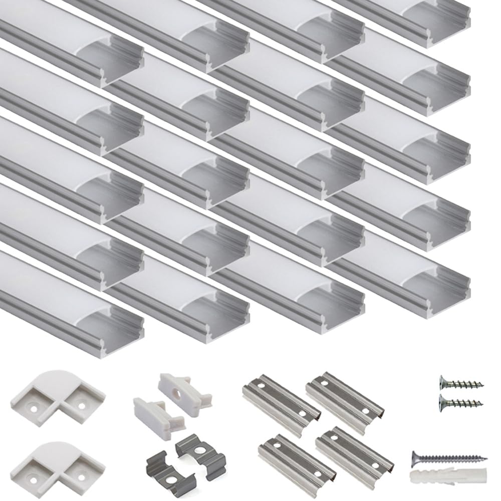hunhun 20-Pack 3.3ft/1Meter U Shape LED Aluminum Channel System with Milky Cover, End Caps and Mounting Clips, Aluminum Profile for LED Strip Light Installations, Very Easy Installation