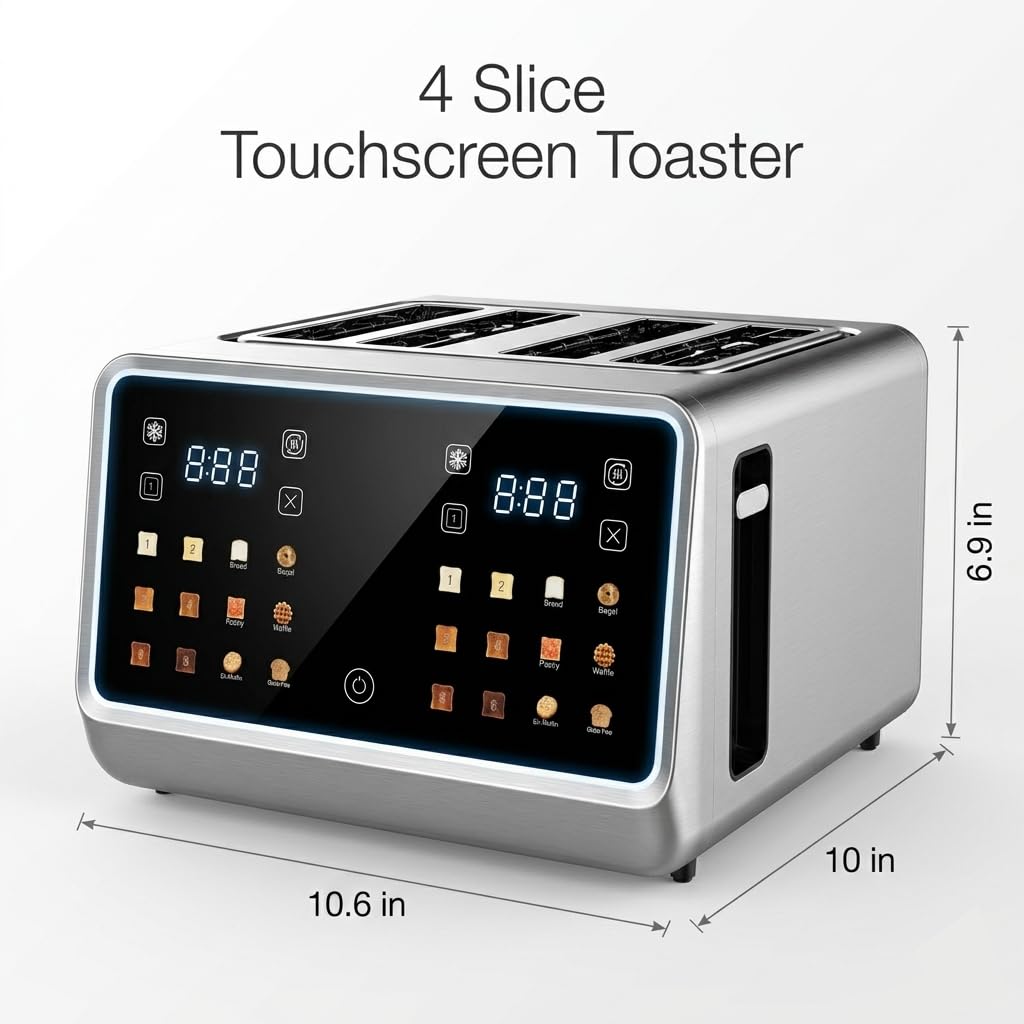 DEAR MORNING 4 Slice Touch Screen Toaster with LCD Display Stainless Steel Digital Toasters 6 Bread Types& 6 Shade Settings Smart Extra Wide Slots Toaster With Bagel Cancel Defrost Reheat Functions
