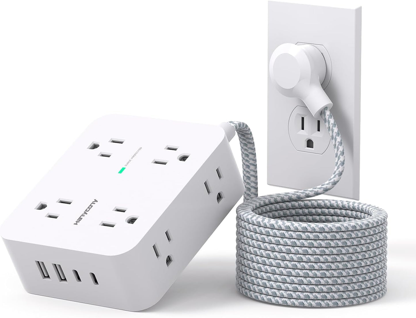 Surge Protector Power Strip 15 Ft Long Cord, Extension Cord 15 Feet with 8 Outlets 4 USB Ports(2 USB C), Flat Plug, Desk Charging Station for Home Office College Dorm Room Essentials