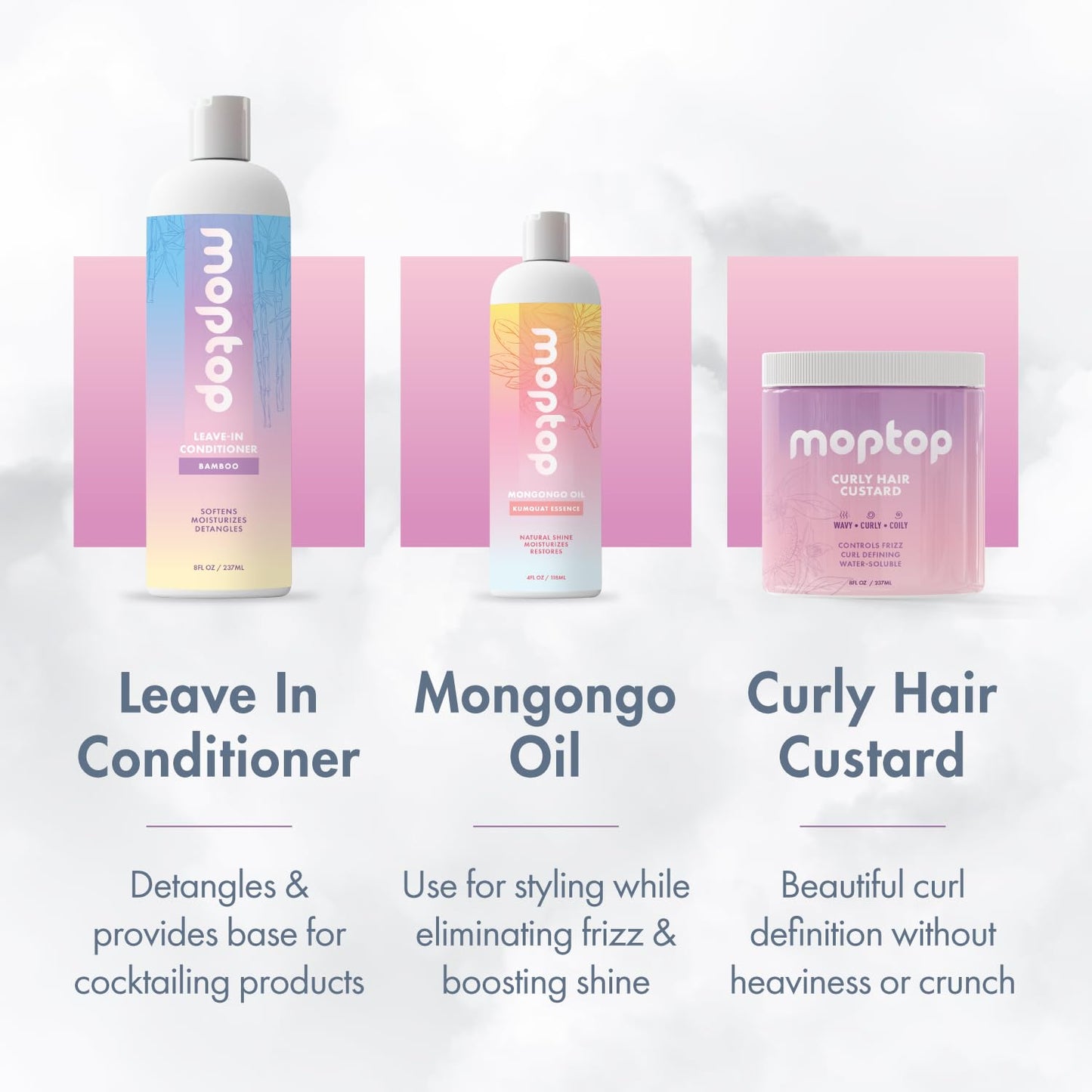 MopTop Curly Hair Bundle: Moisturizing Leave-In Conditioner with Mongongo Oil, Defining Lightweight Curl Gel for Wavy and Curly Hair Routine, Women's Haircare