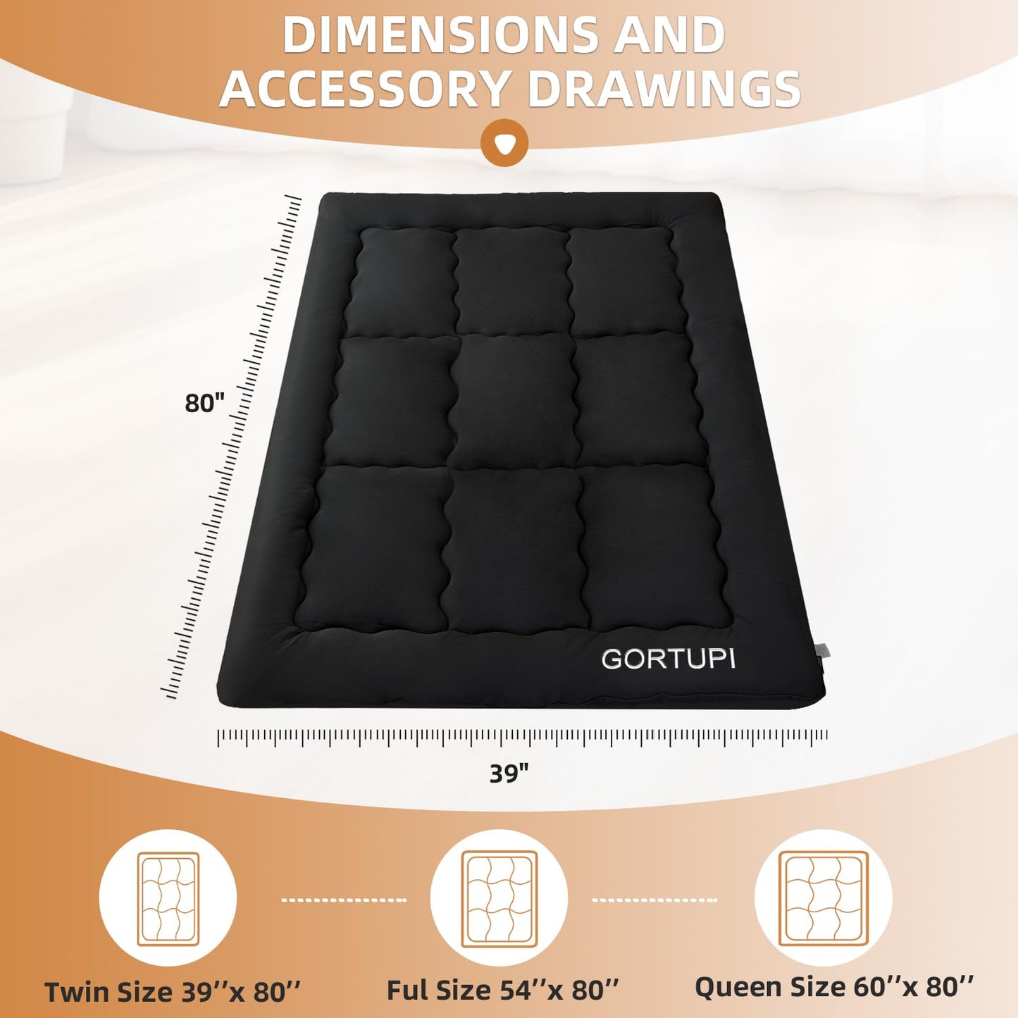 GORTUPI Japanese Floor Mattress,Futon Mattress 3" Black Thicken 100% High Density Comfortable Foam,Foldable Tatami Mat Sleeping Pad,Portable Floor Mattress Sleeping Pad for Adults,Twin Size 39"x 80"