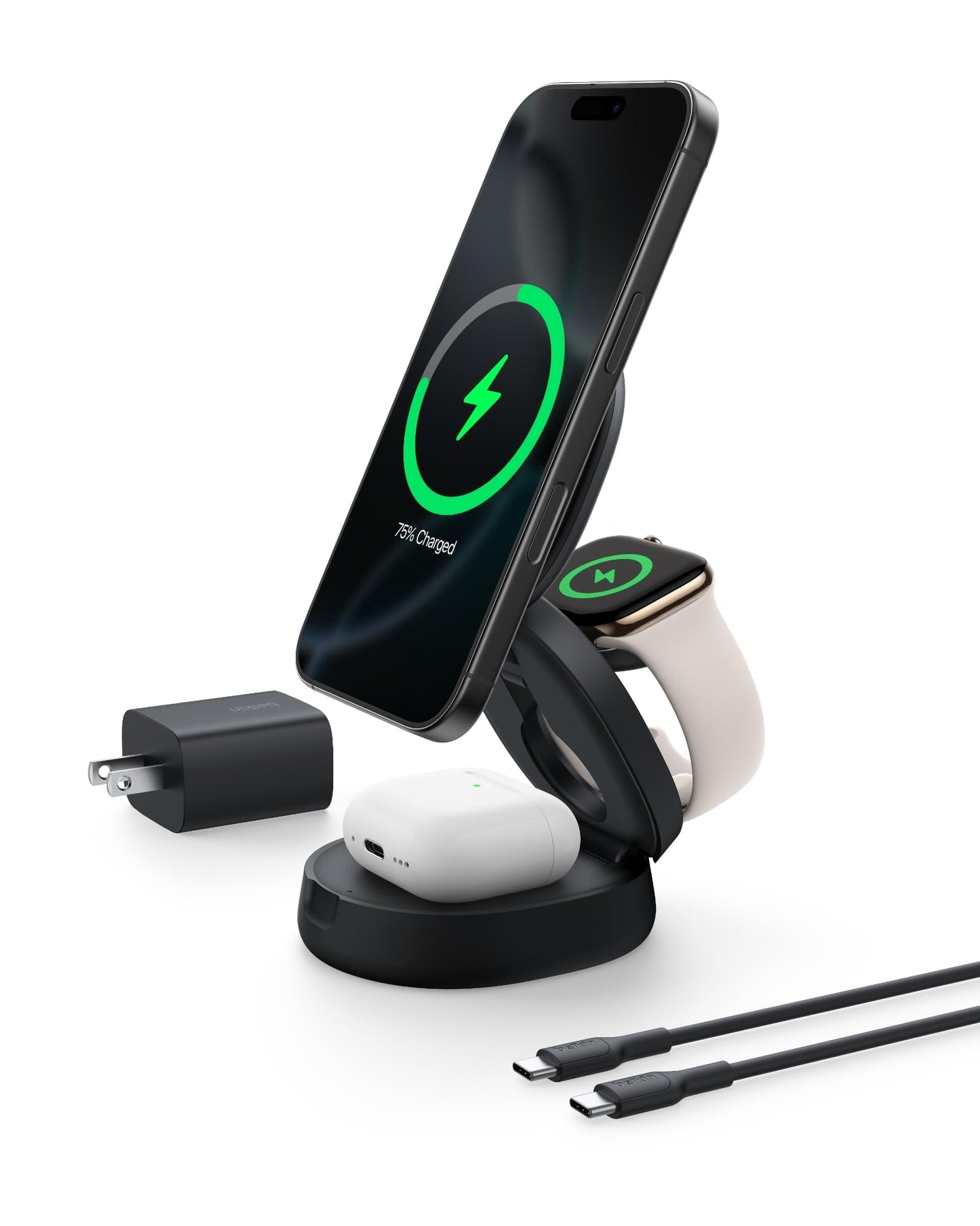 Belkin MagSafe Charger Compatible, 3-in-1 Qi2 15W Wireless Charging Station, Convertible Wireless Charger for iPhone 17, Apple Watch, AirPods, Pixel 10, Phone Stand for Travel w/ 36W Adapter - Black