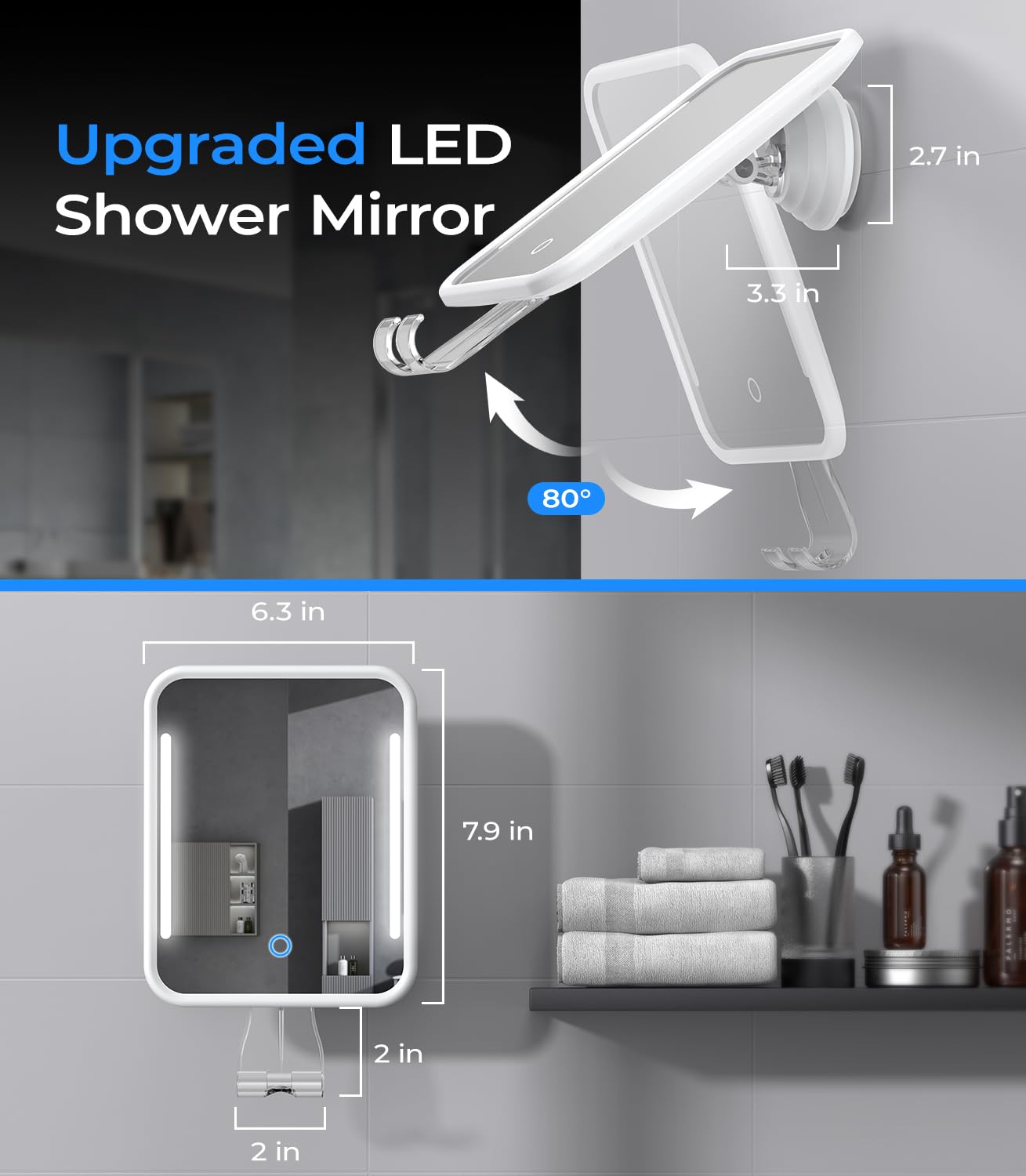 Gospire Heated Shower Mirror Fogless for Shaving with Light, Rechargeable Battery and Adjustable Brightness, Suction Cup and Razor Holder, Removable & NO-Drilling, Waterproof for Bathroom (White)