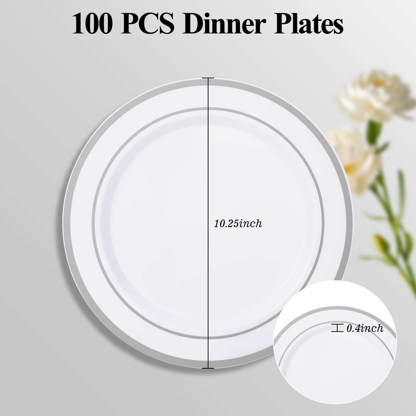 Goodluck 100PCS Silver Plastic Plates, 10.25 Inch Dinner Plate with Silver Rim, Heavy Duty Disposable Plastic Plates for Party, Wedding, Birthday & Daily Use