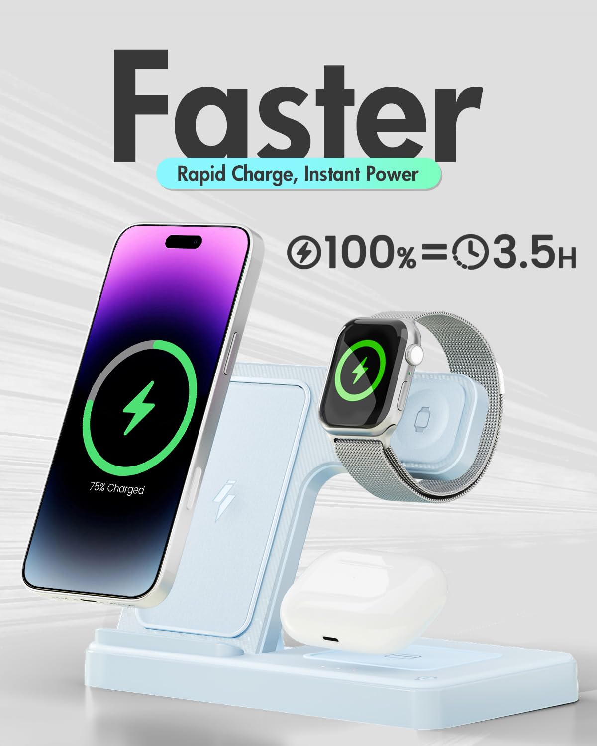 Wireless Charger Stand Charging Station: 3 in 1 Charger Multiple Devices for Apple iPhone 16e 16 15 14 Pro Max 13 12 11 for Watch 10 9 8 7 6 5 4 3 2 SE and Ultra Series for Airpods 4 3 2 Pro,Blue