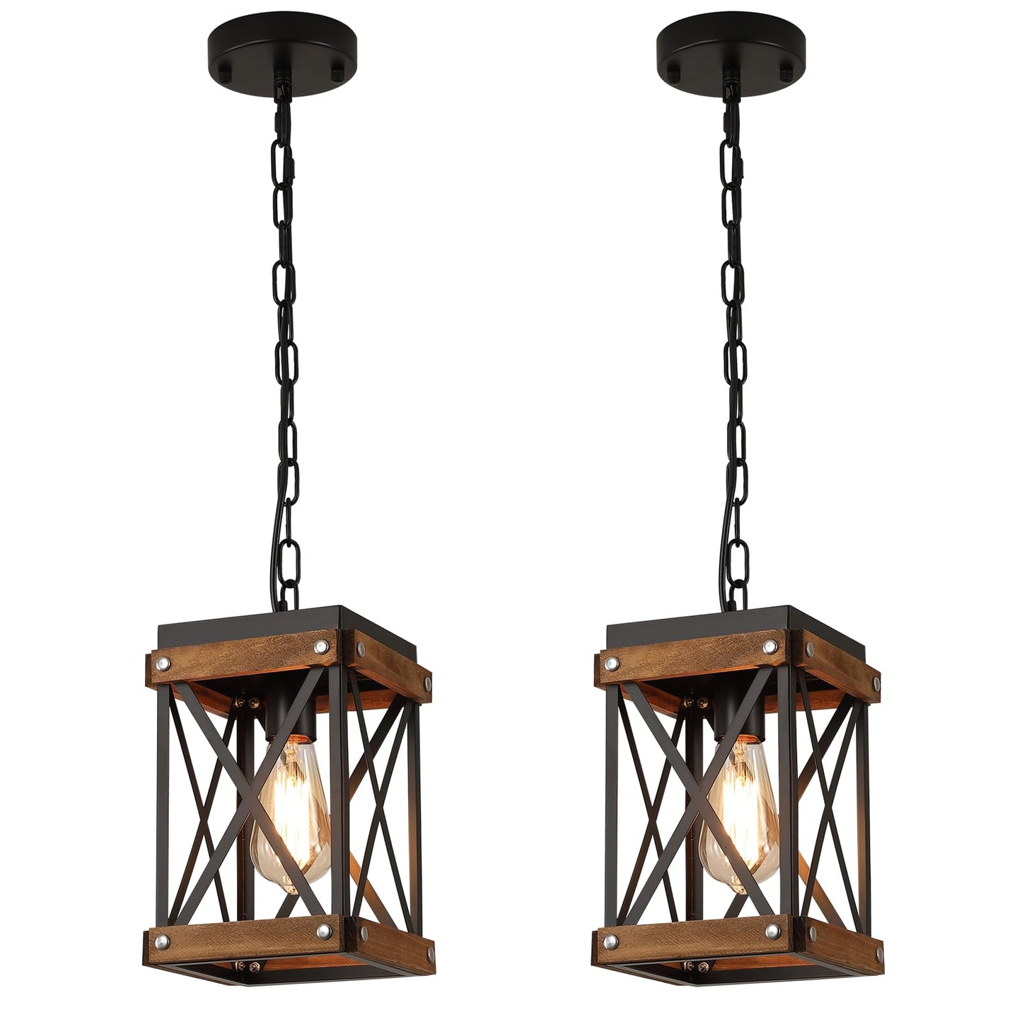 2 Pack Rustic Farmhouse Wood Pendant Light Fixture One-Light Adjustable Chain Oak Wood and Metal Lantern Cage Small Pendant Lighting for Kitchen Island Sink Hallway Farmhouse Bathroom Bar, Black