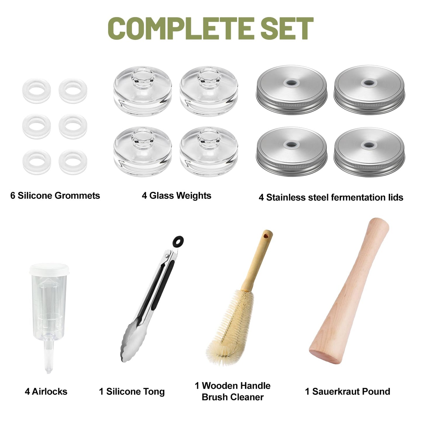 Fermentation Kit for Wide Mouth Mason Jars-4 Stainless Steel Fermentation Lids,4 Glass Fermentation Weights,1 Silicone Tong,1 sauerkraut pound, 1Wooden Handle Brush Cleaner（ Jars Not Included ）
