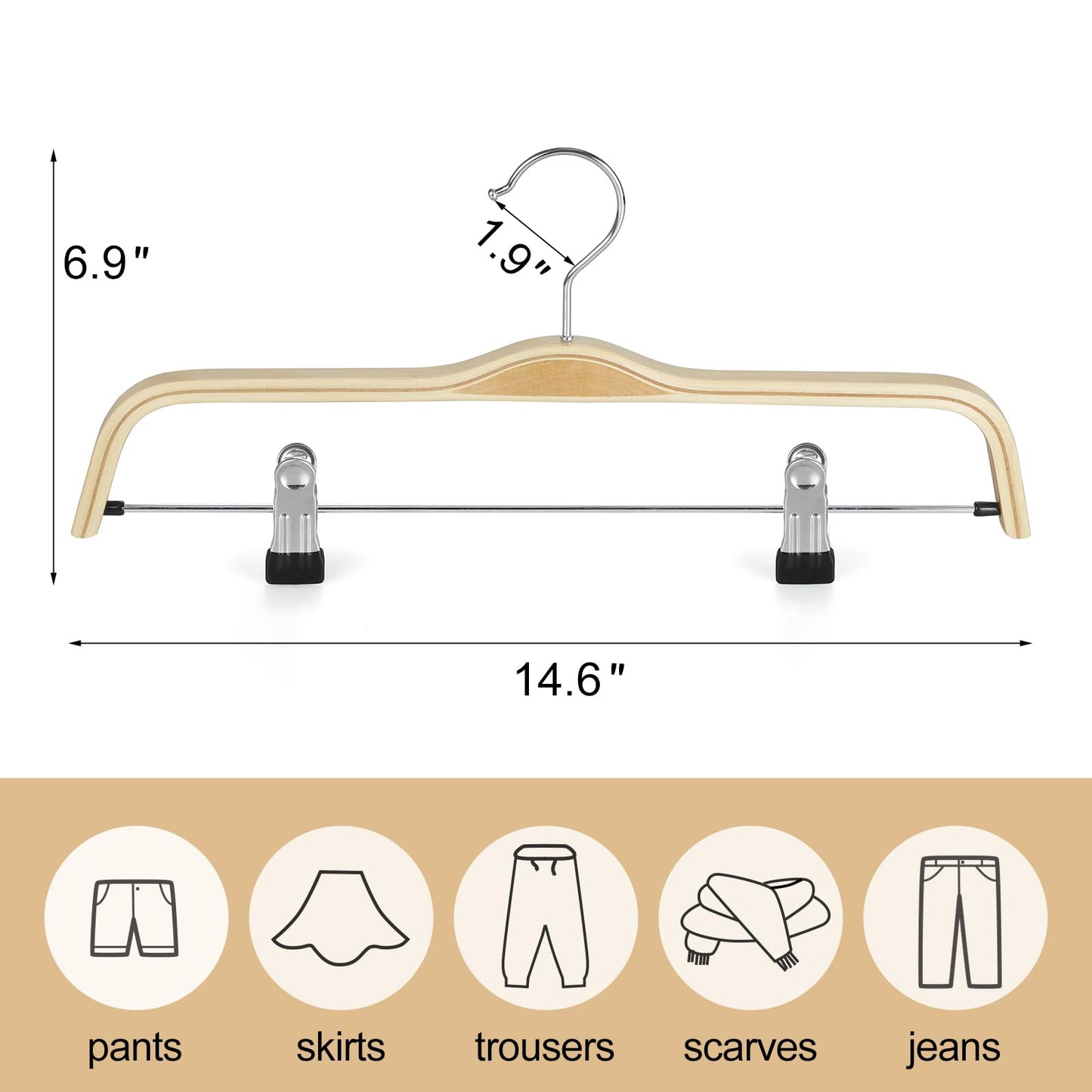 TOPIA HANGER Wooden Pants Hangers,Slim Natural Wood Skirt Hangers with Anti-Rust Hook and Adjustable Metal Clips, Perfect for Skirts, Pants, Slacks-20 Pack-CT17N20