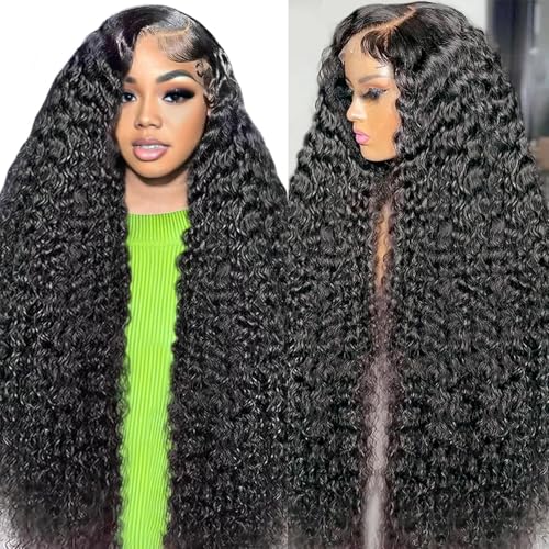 30 Inch Deep Wave Lace Front Wigs Human Hair 13x6 HD Lace Front Wigs Human Hair for Women Natural Color Deep Curly Human Hair Wig 180% Density Transparent Lace Frontal Wig Pre Plucked with Baby Hair