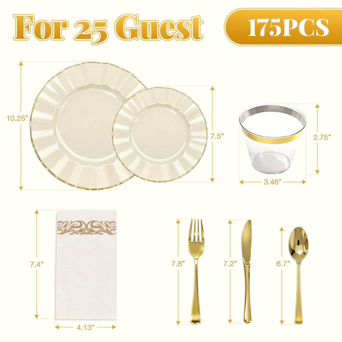 175 Piece Plastic Dinnerware Set Disposable Dinnerware Set for 25 Guests Include 50 Plastic Plates 25 Silverware Set 25 Cups and 25 Napkins for Father's Day Party Wedding Birthday（White and Gold）