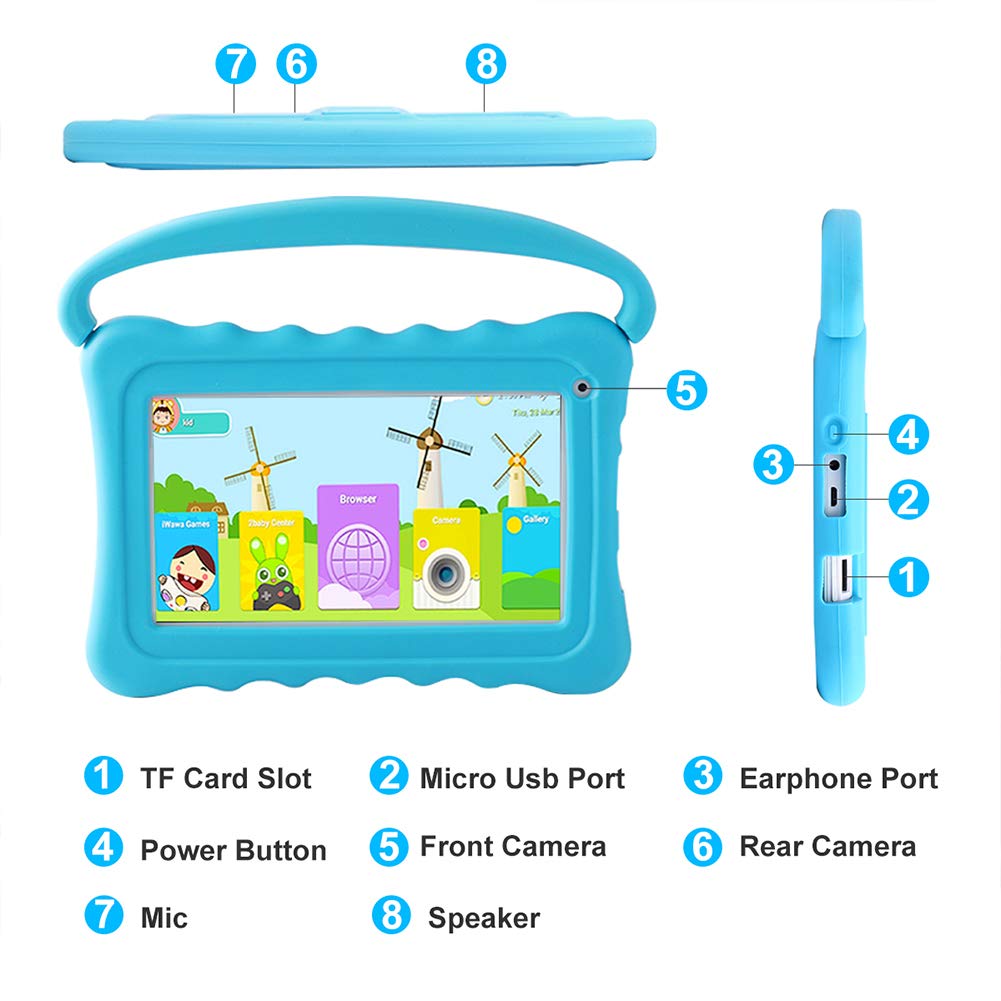 Kids Tablet 7 inch Toddler Tablet for Kids Edition Tablet with WiFi Dual Camera Children’s Tablet for Toddlers 32GB Android with Parental Controls Shockproof Case Tablet for kids ages 3-14(Blue）