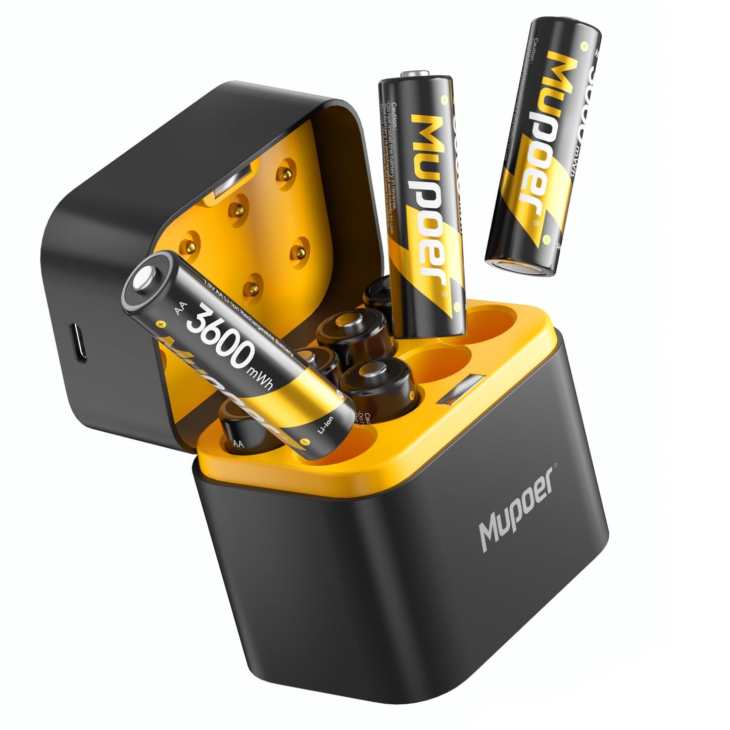 Mupoer Rechargeable AA Lithium Batteries 8 Pack with Charger,3600 mWh 1.5V Double A Batteries High Capacity,Long Lasting Rechargeable AA Li-ion Battery with Integrated Charging Storage Box - Golden