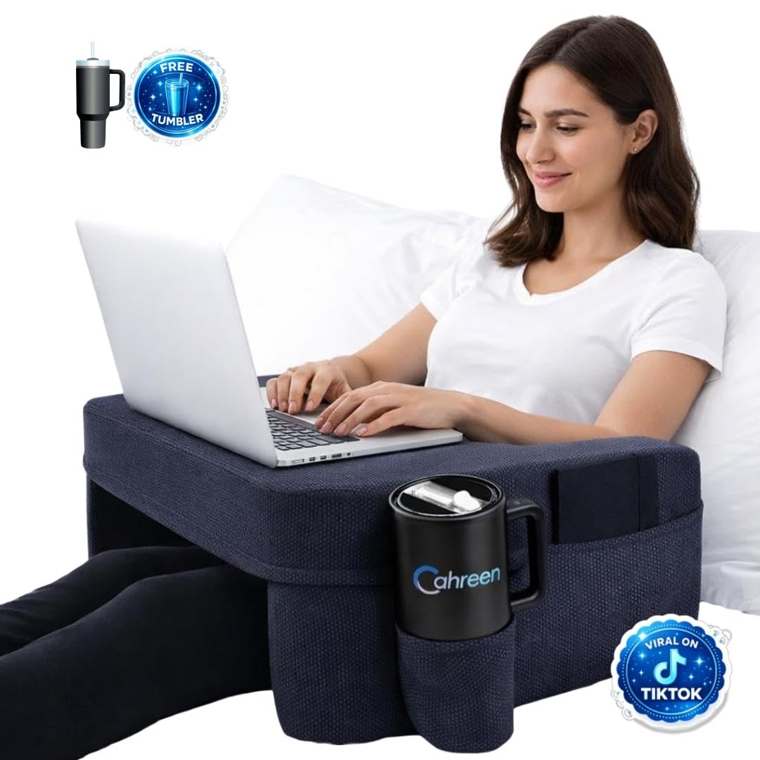 Lap Desk Pillow with 40oz Tumbler, Ergonomic Portable Laptop Desk Cushion for Bed with Arm Support, Gaming Pillow, Reading Pillow Arms, Lap Tray Cushion, Tablet & Laptop Lap Table Workstation