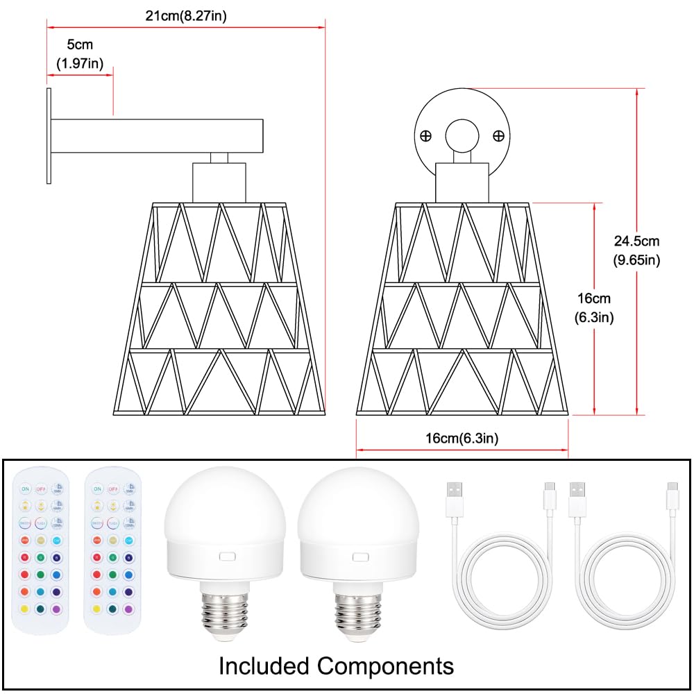 Boho Battery Operated Wall Sconces, Rattan Wall Sconce Set of 2 with Remote, RGB 15 Colors Dimmable Rechargeable Wall Light, Black Indoor Wireless Wall Lamp, Farmhouse Rattan Wall Lighting for Bedroom